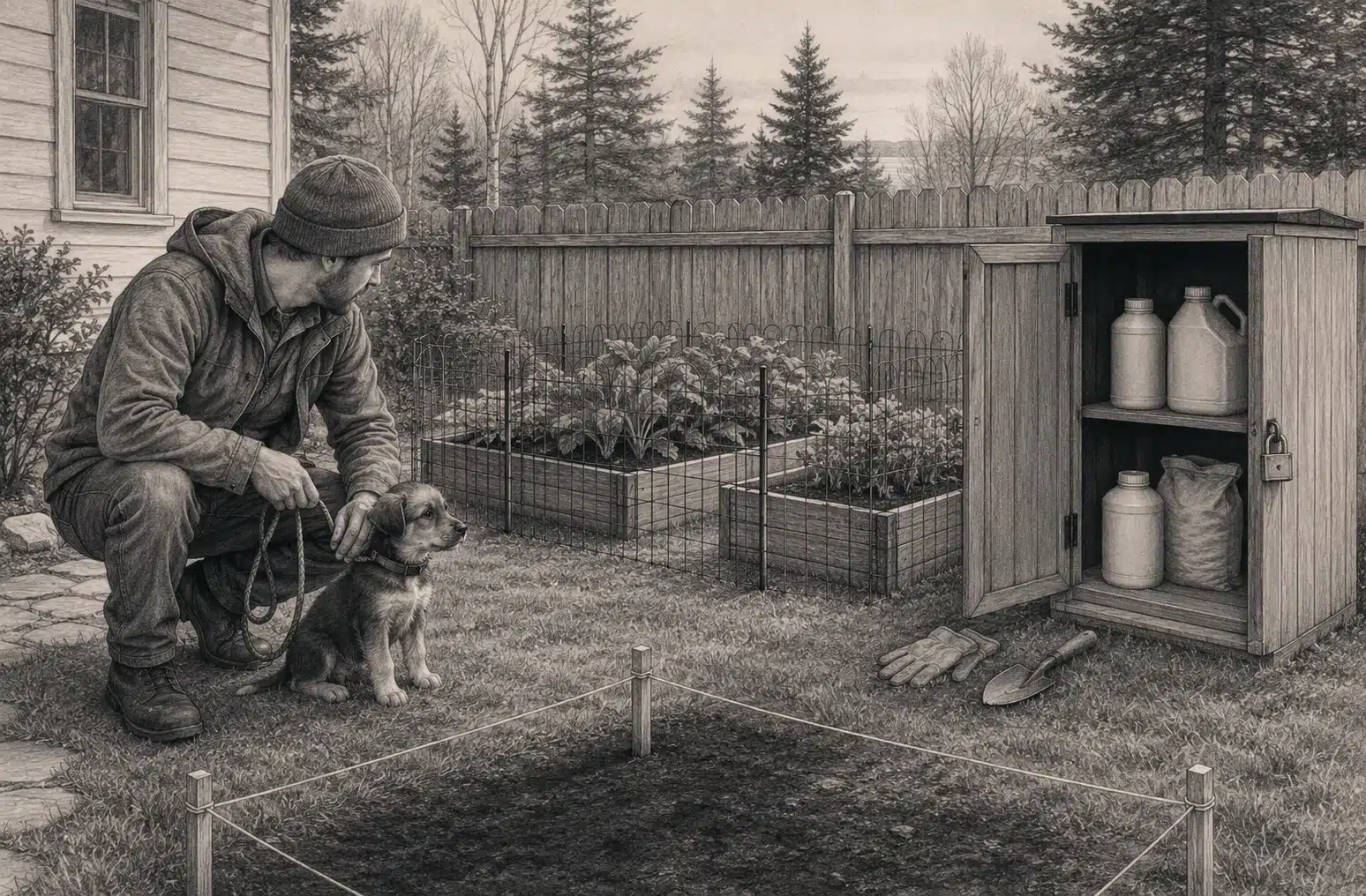 Puppy and owner inspecting secured garden beds