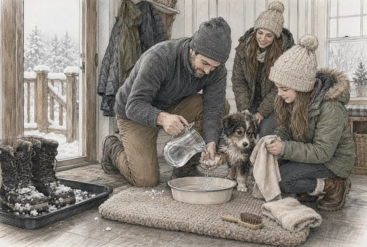 Puppy paw rinsing station in snowy Maine mudroom