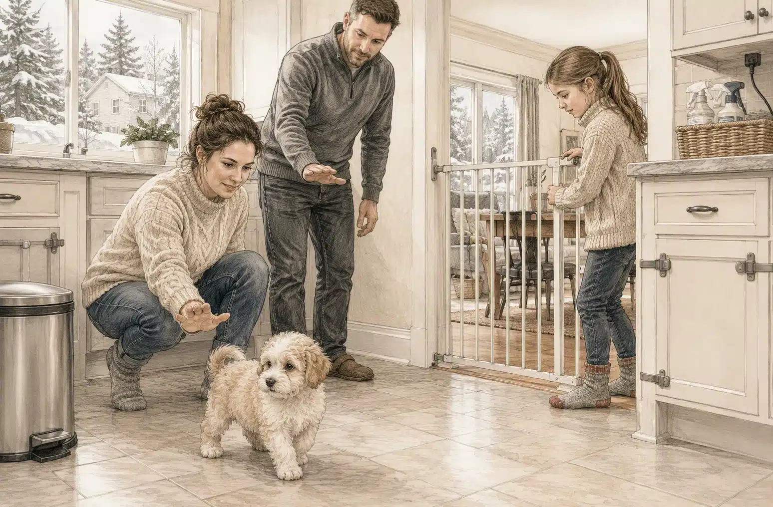 Parent guides puppy past closed kitchen gate with child assisting