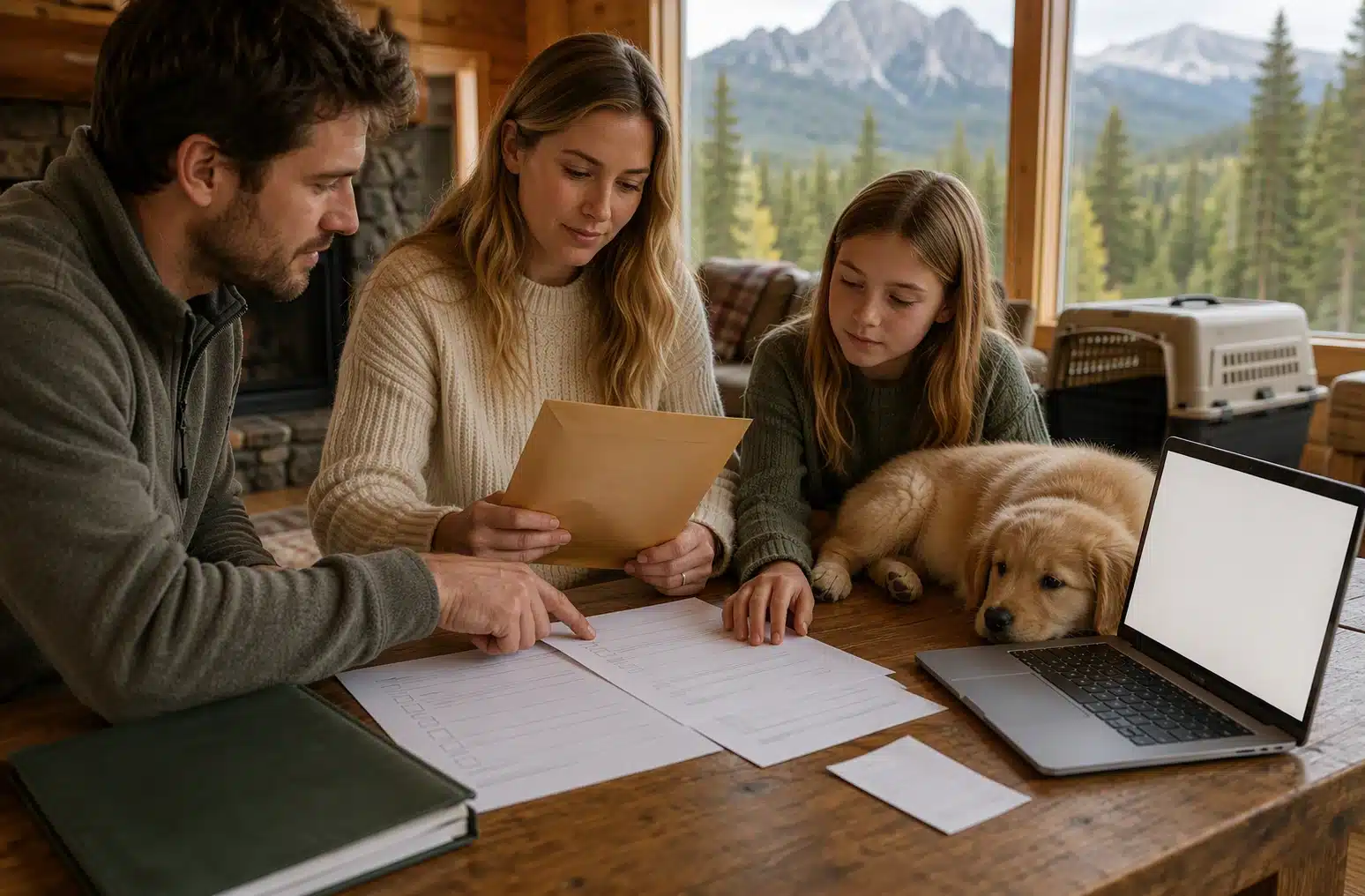 Family reviewing puppy paperwork in Montana cabin