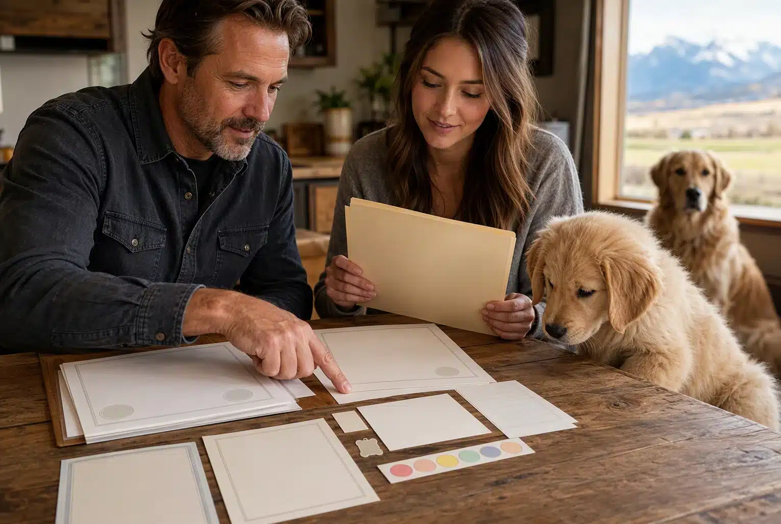 Family reviewing puppy health documents at a kitchen table