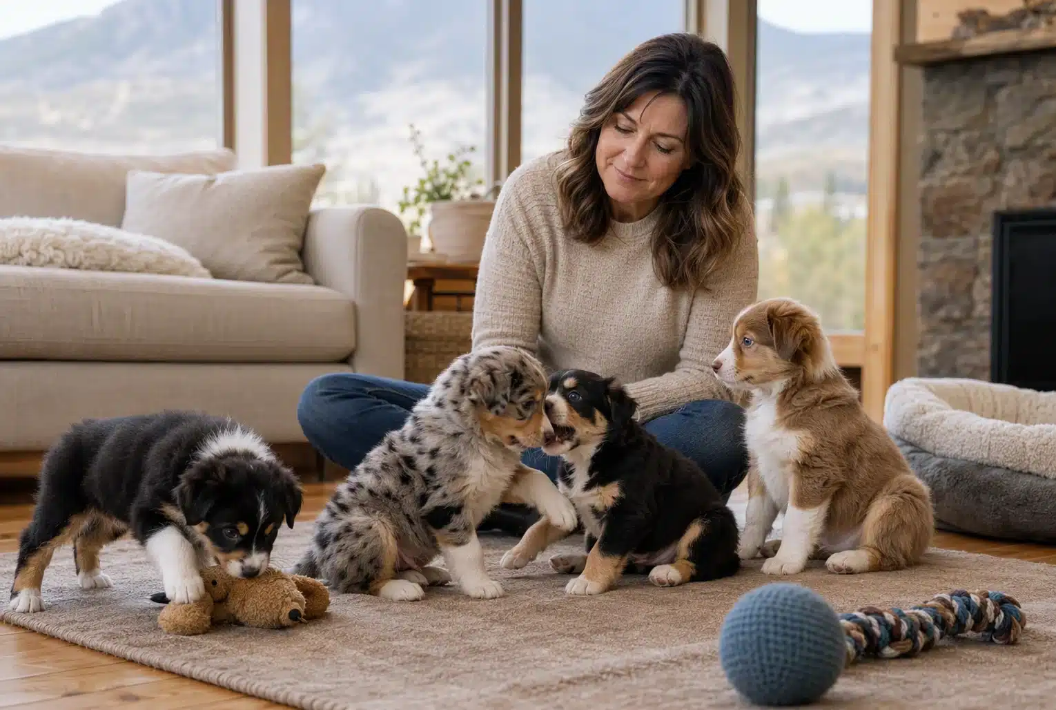 Breeder assessing playful puppies in a sunlit home