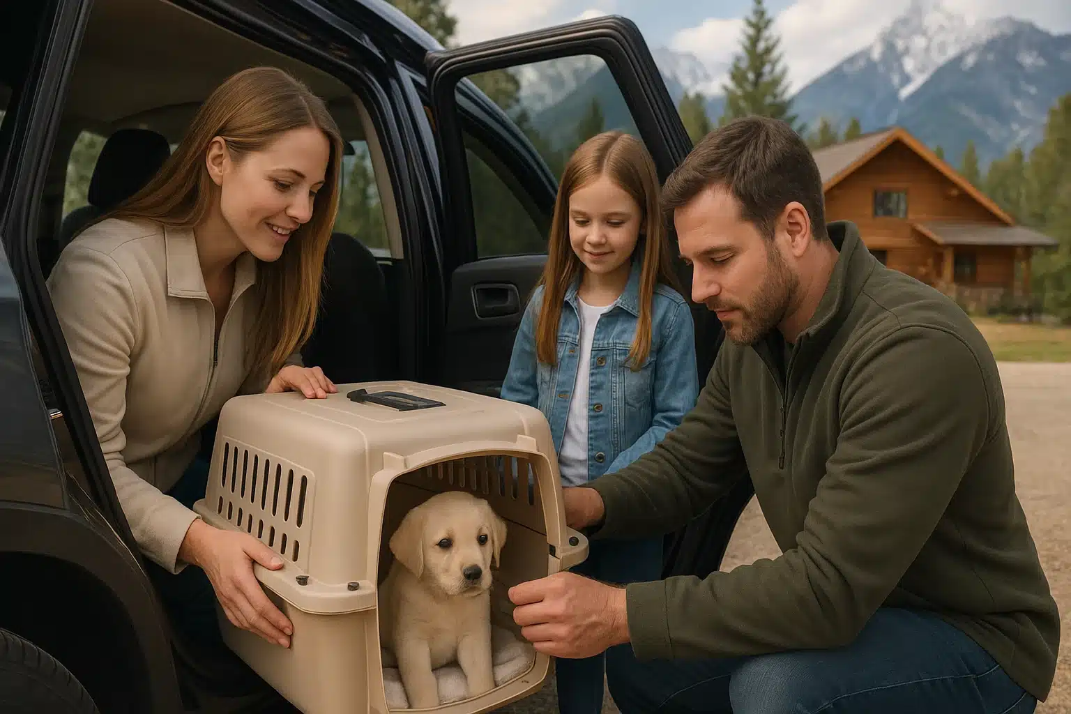 Family secures puppy carrier for road trip departure