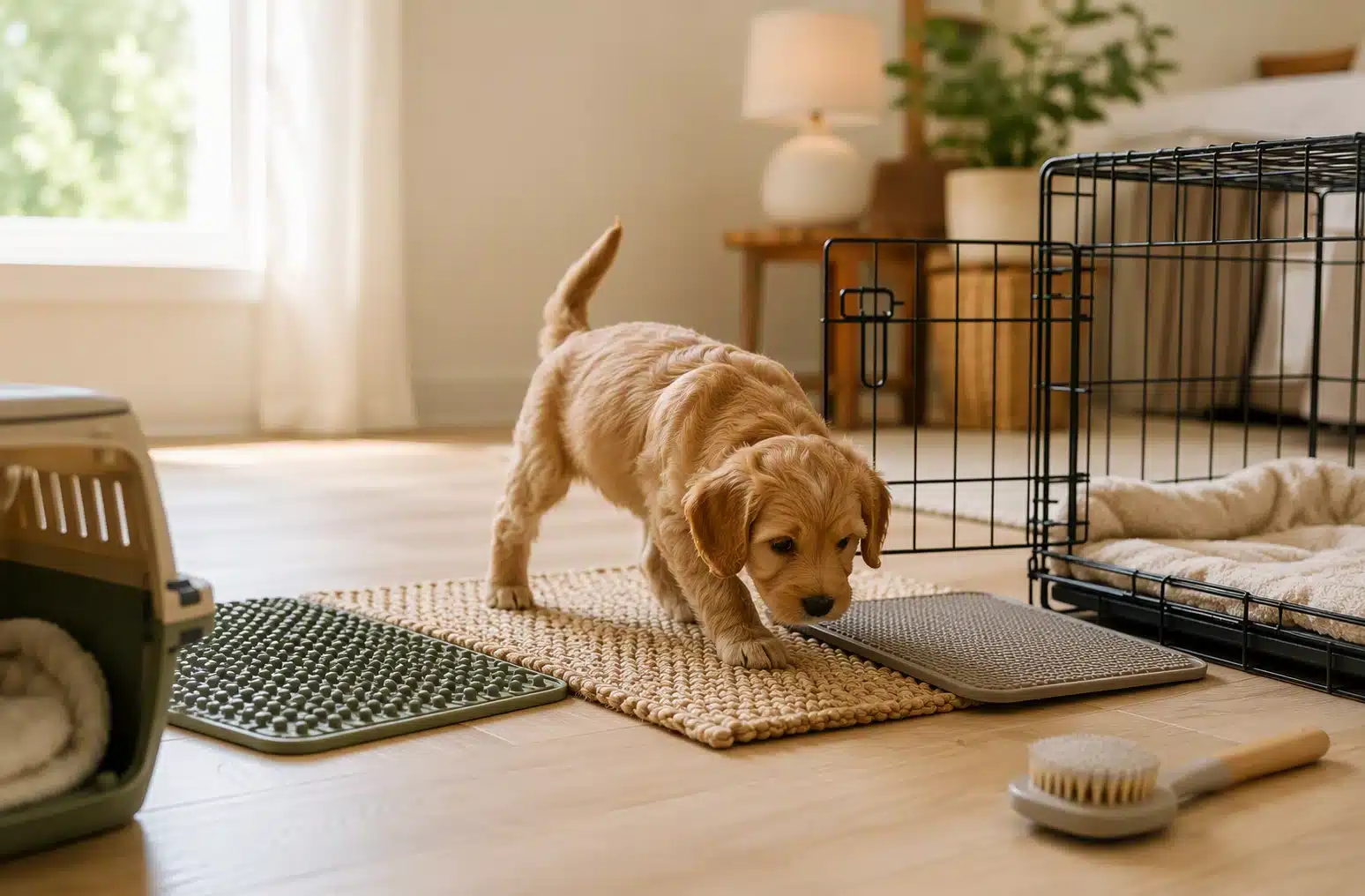 Puppy exploring safe home surfaces near crate