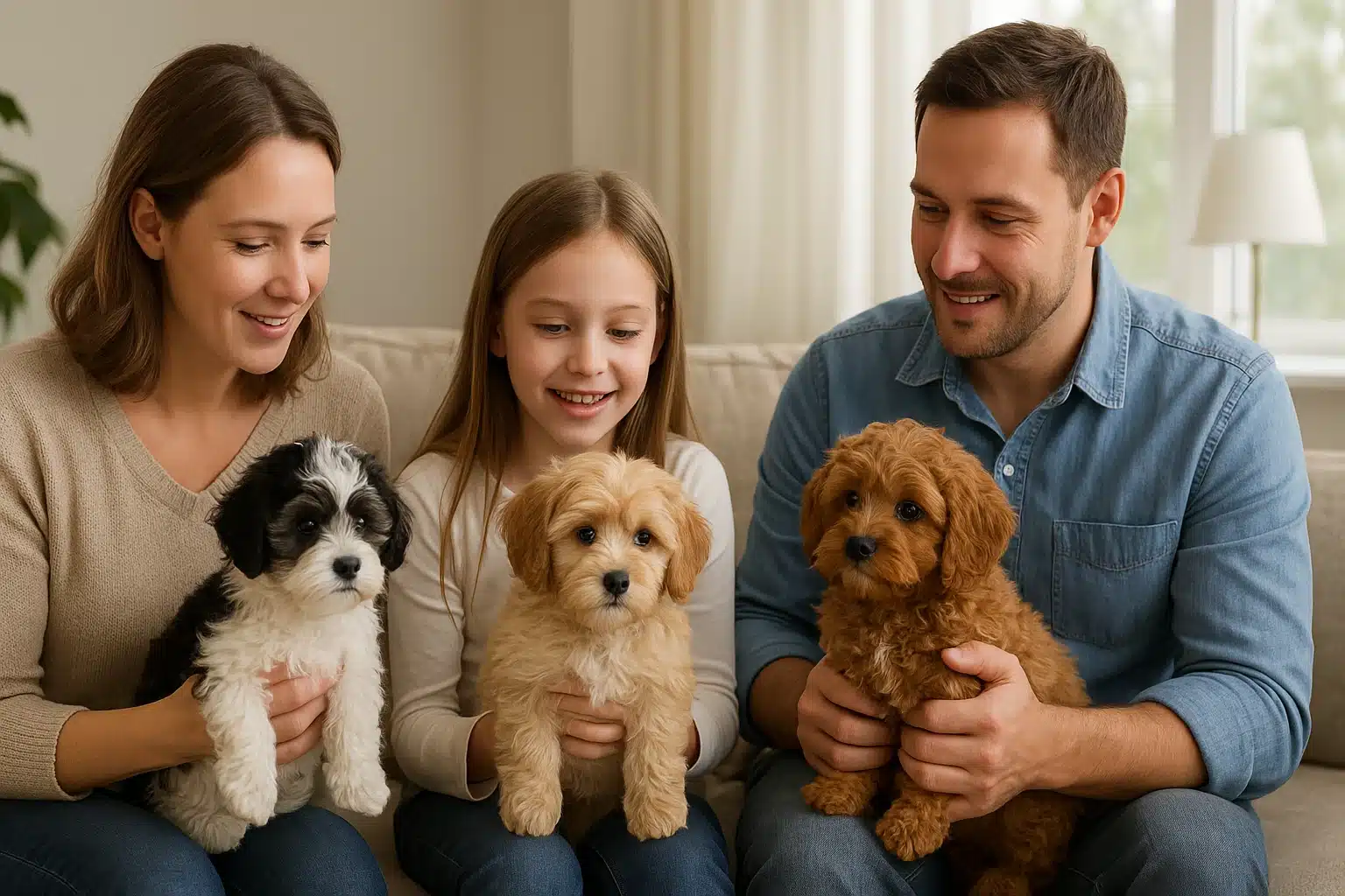 Family evaluating three puppy breeds in a sunlit Nebraska home