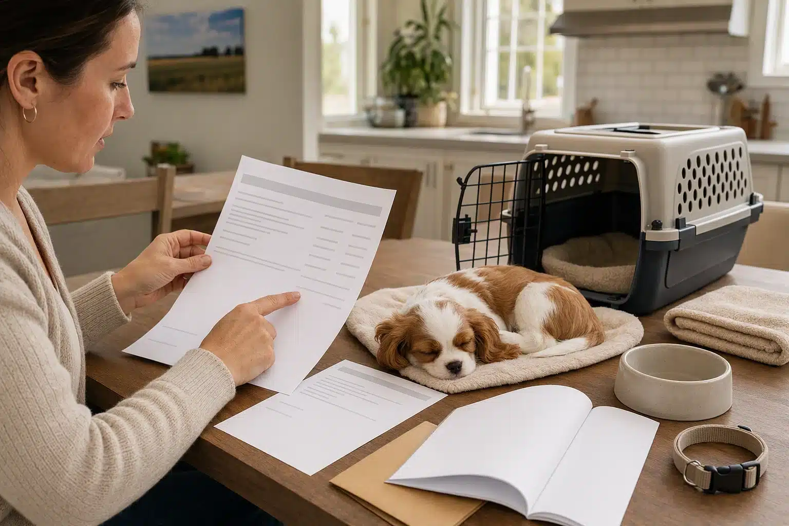 Reviewing puppy purchase details beside a sleeping pup