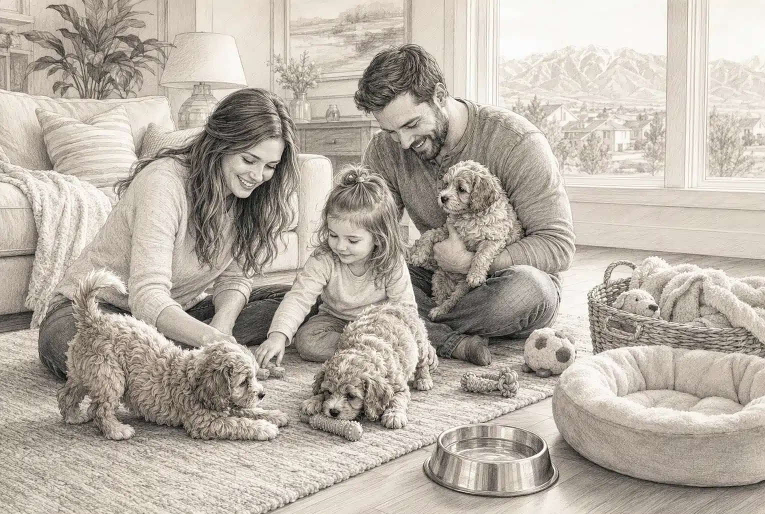 A monochrome illustration shows two adults and a girl seated in a living room with three dogs, a rug and dog-care items.