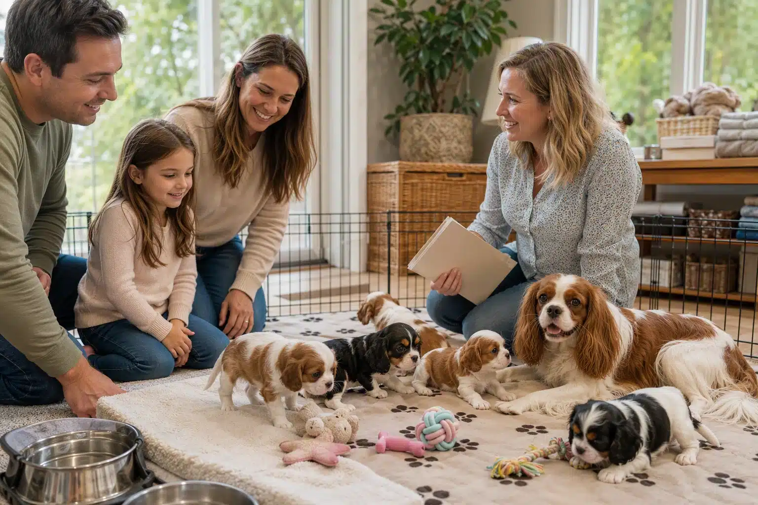 Oregon breeder family introducing mother dog and puppies in home setting