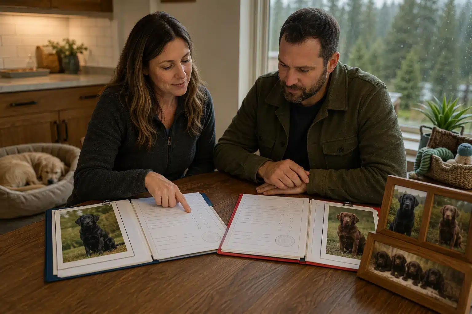 Breeder and buyer reviewing sire dam health records together