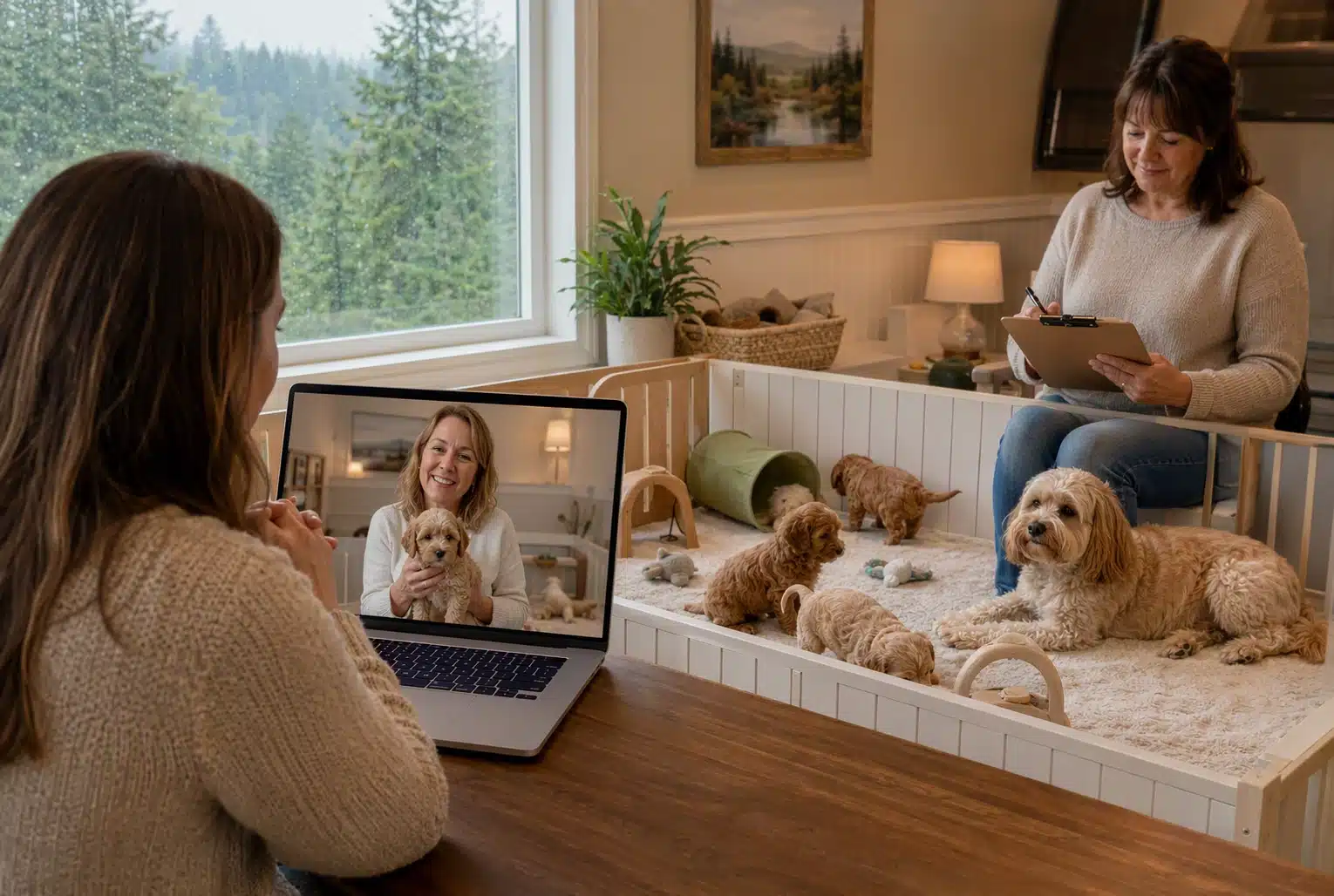Prospective buyer video calls breeder amid playful puppies