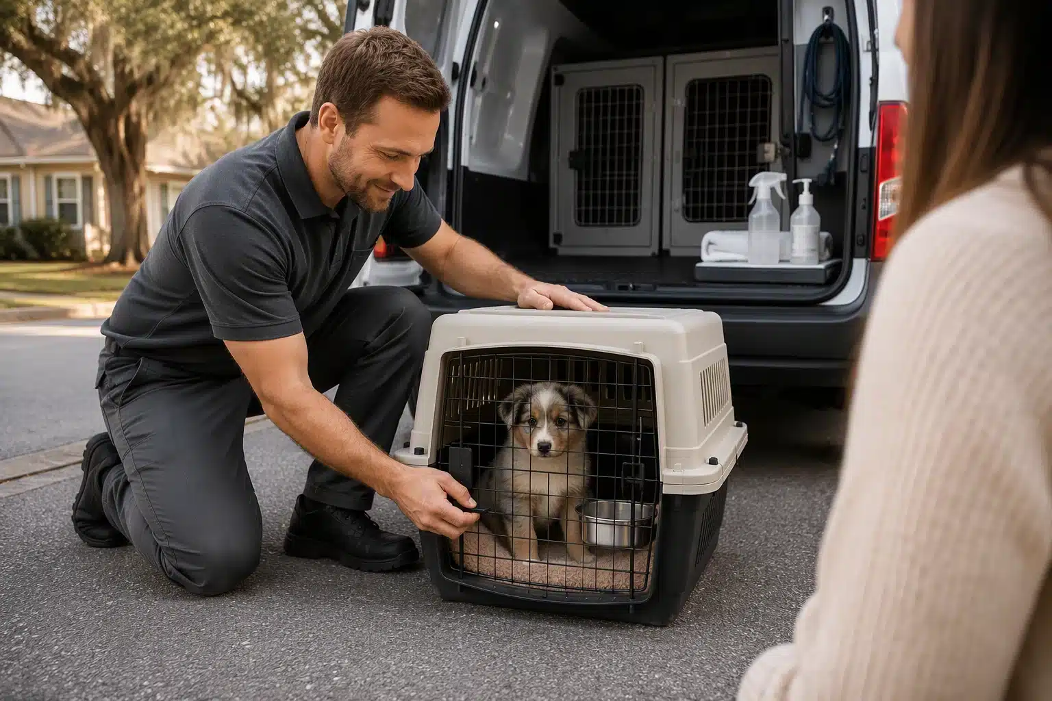 Puppy in crate during curbside transport handoff