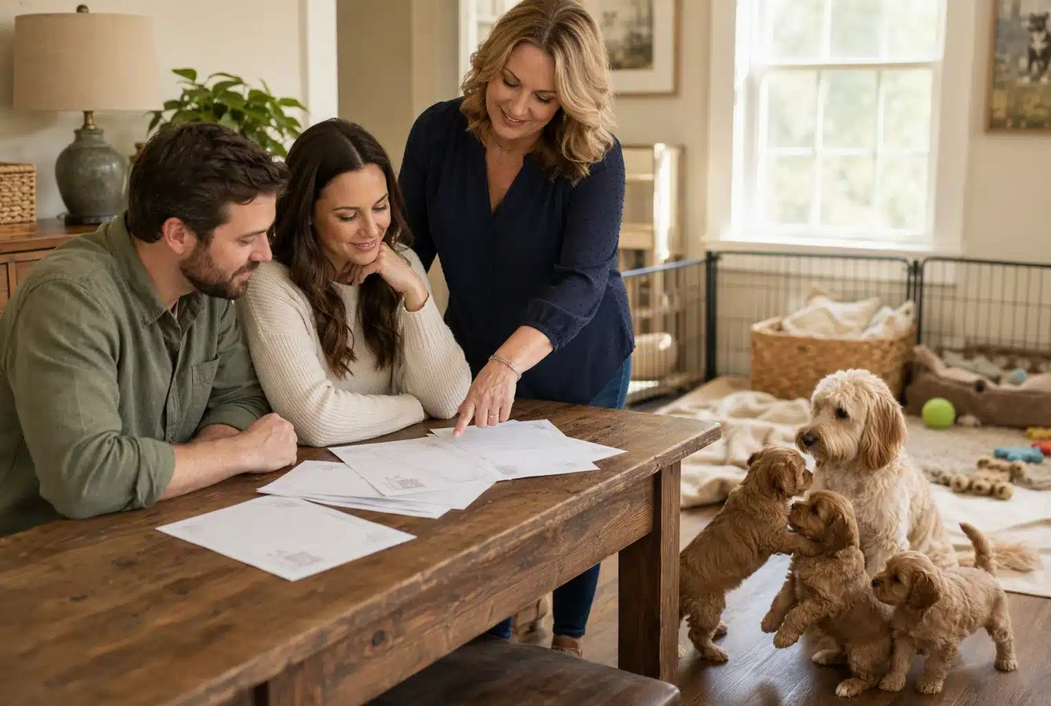 Breeder reviewing parent health records with puppies nearby