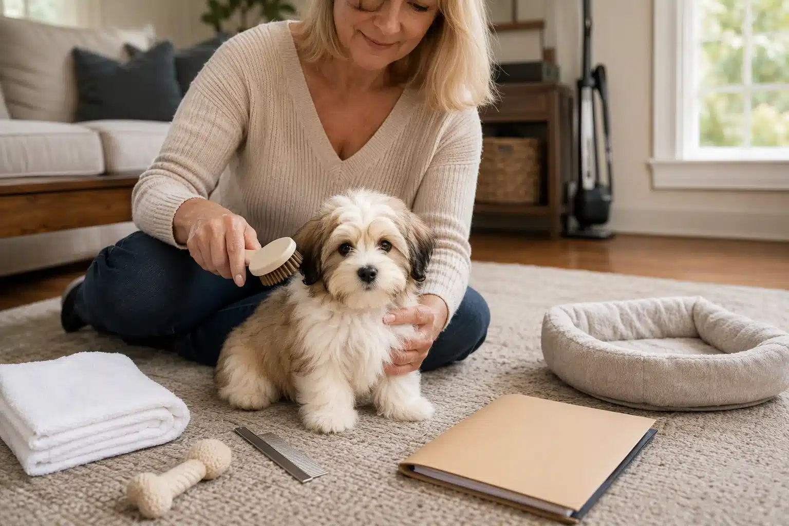 Breeder grooming Havanese puppy in cozy home setting