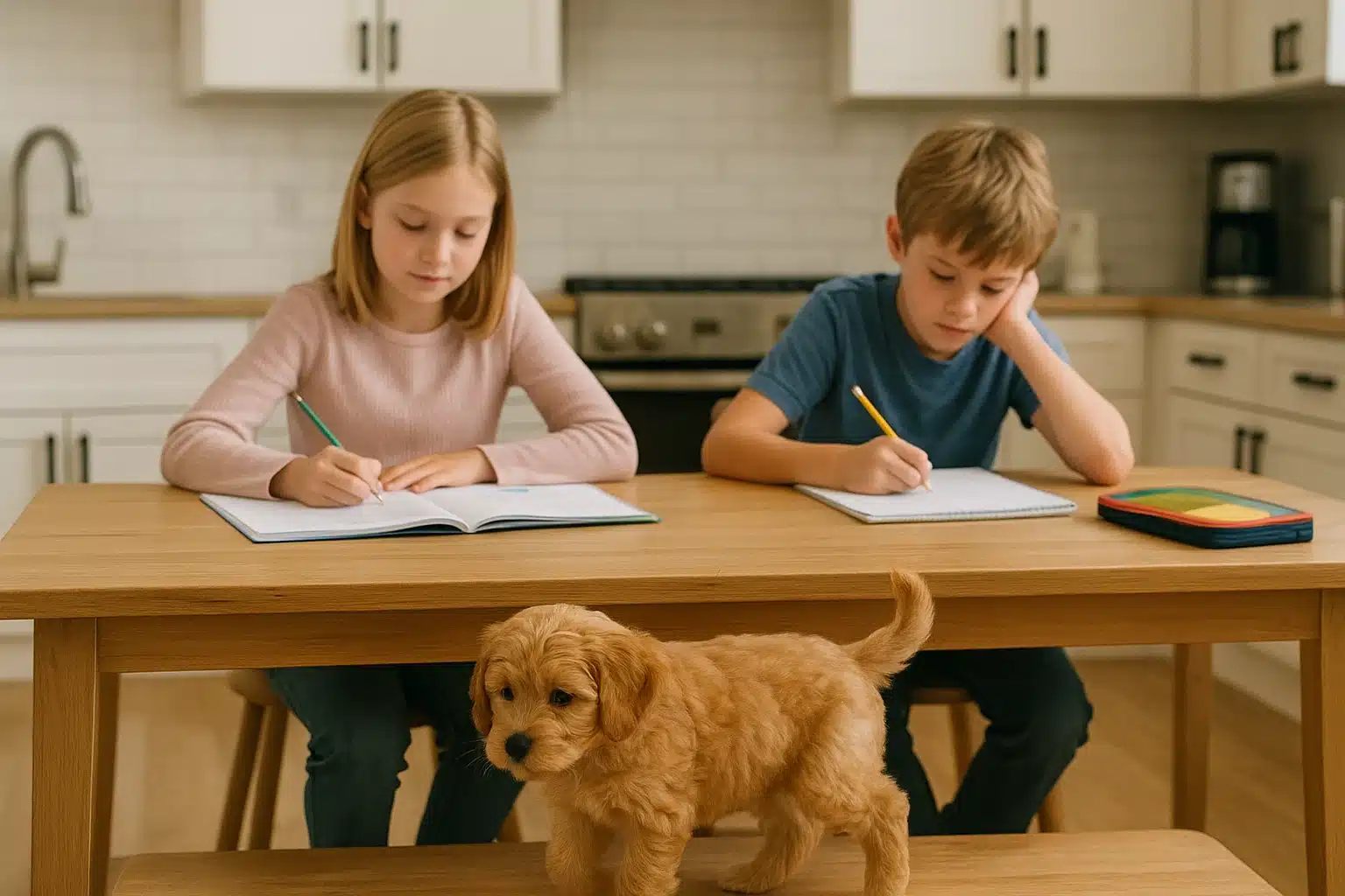 Puppy exploring kitchen while children study nearby
