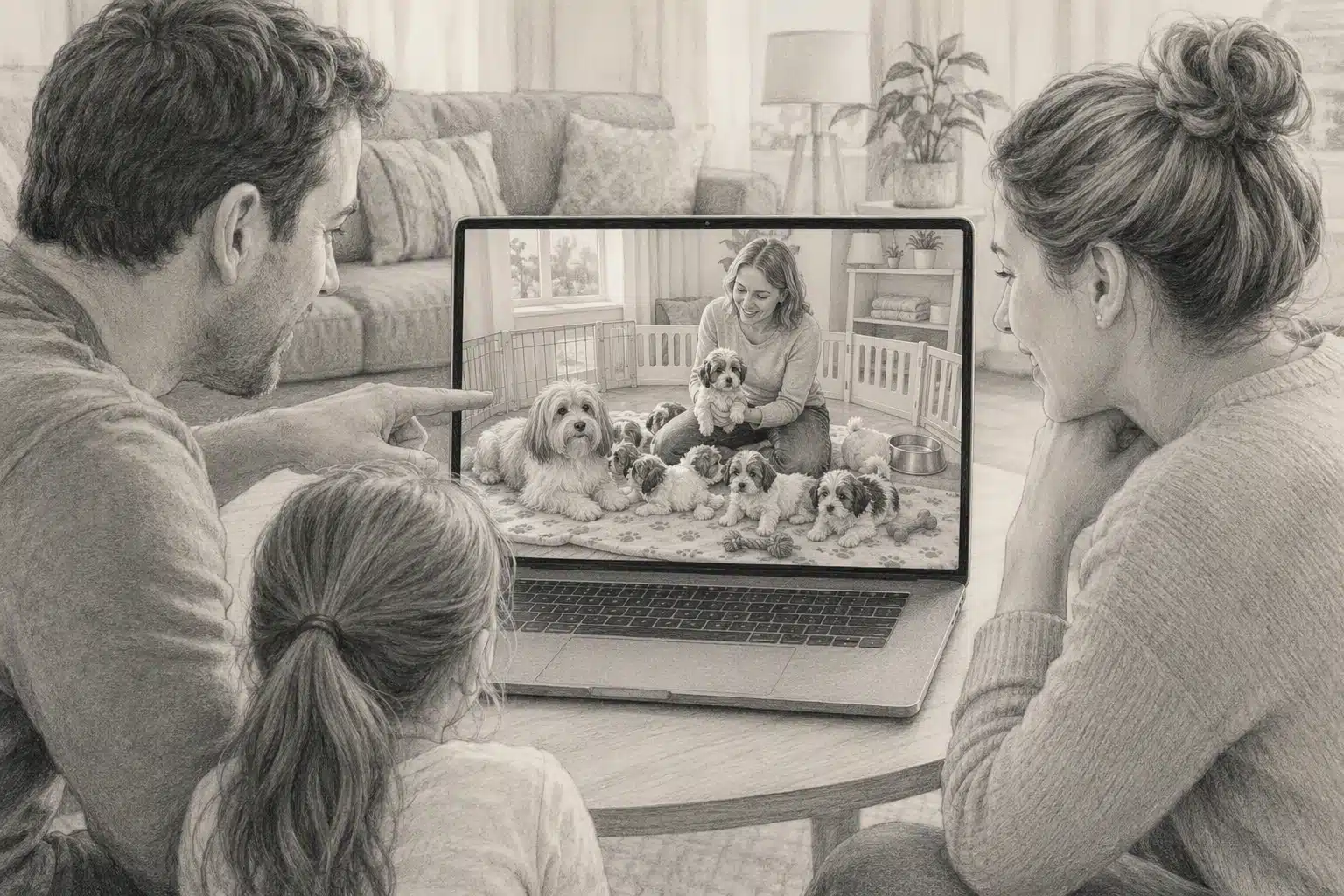 Video call with breeder showing mother Havanese puppies at home