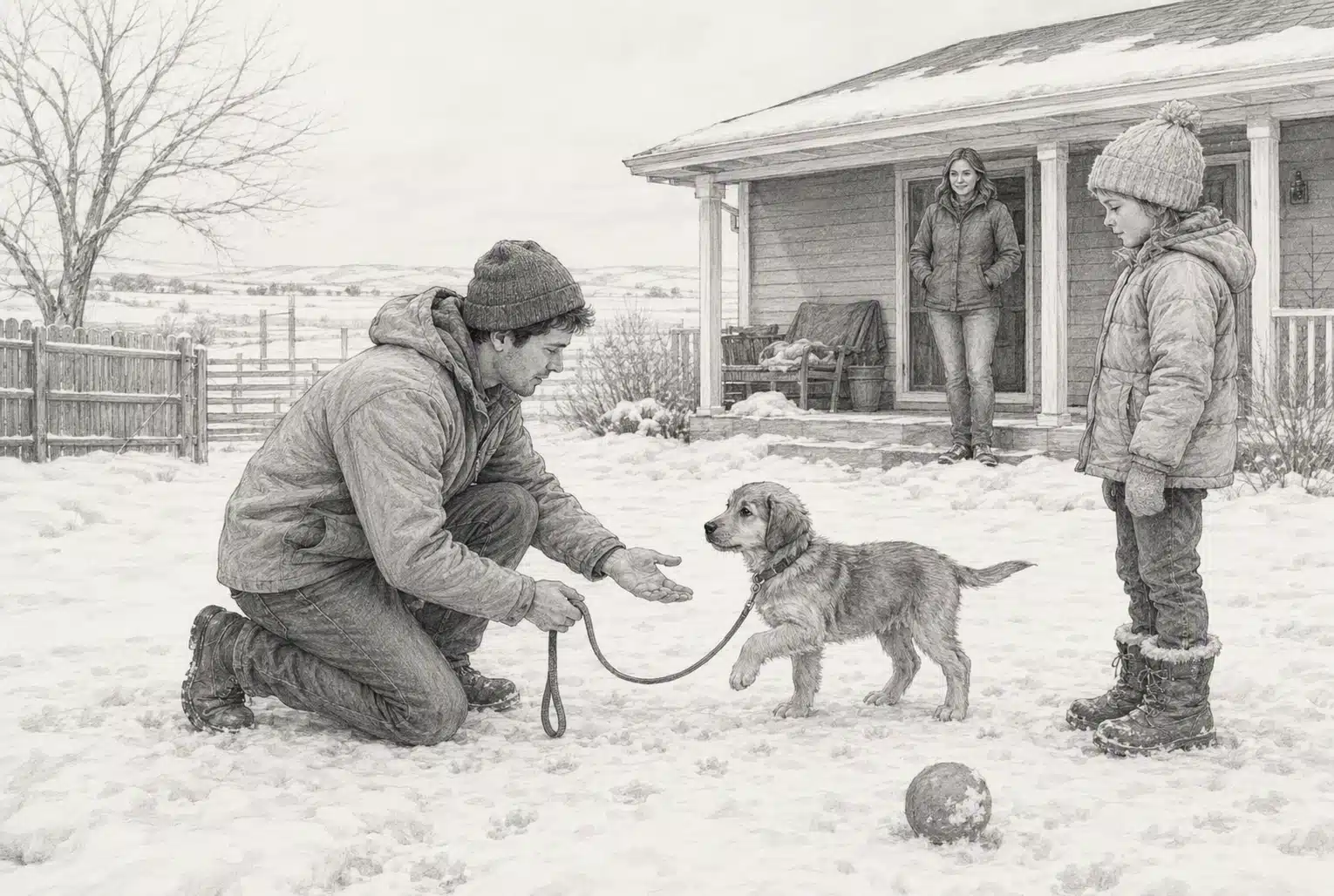 Family practices leash cues with puppy in snowy yard