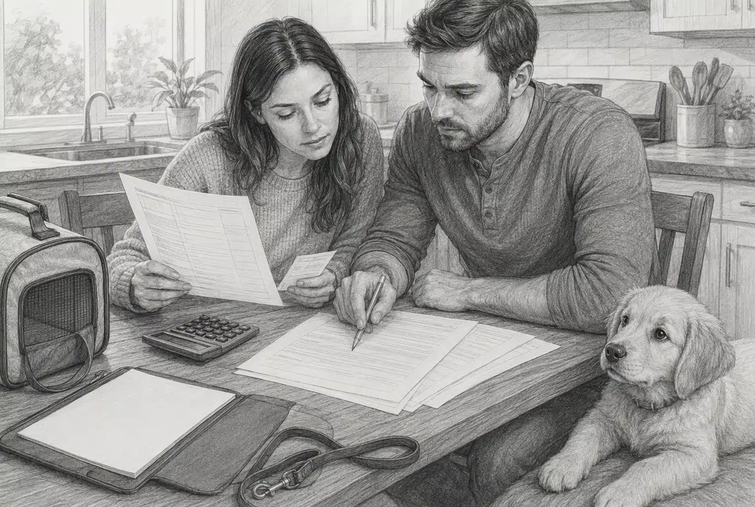 Family reviews puppy contract with receipt and calculator