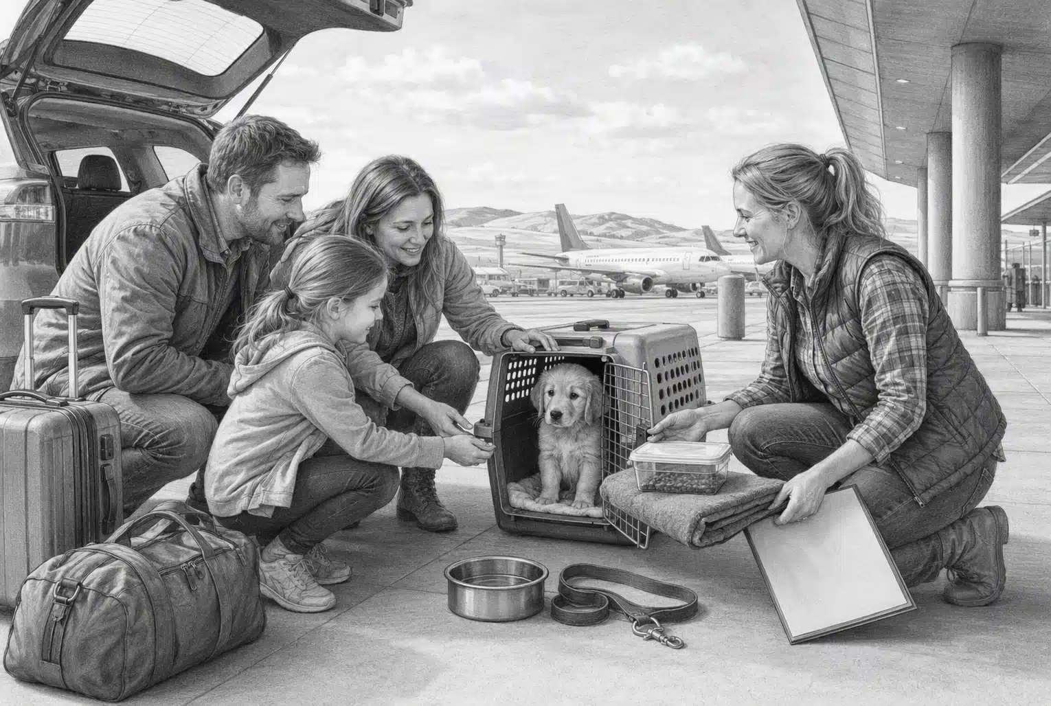 Airport handoff of a puppy in travel carrier