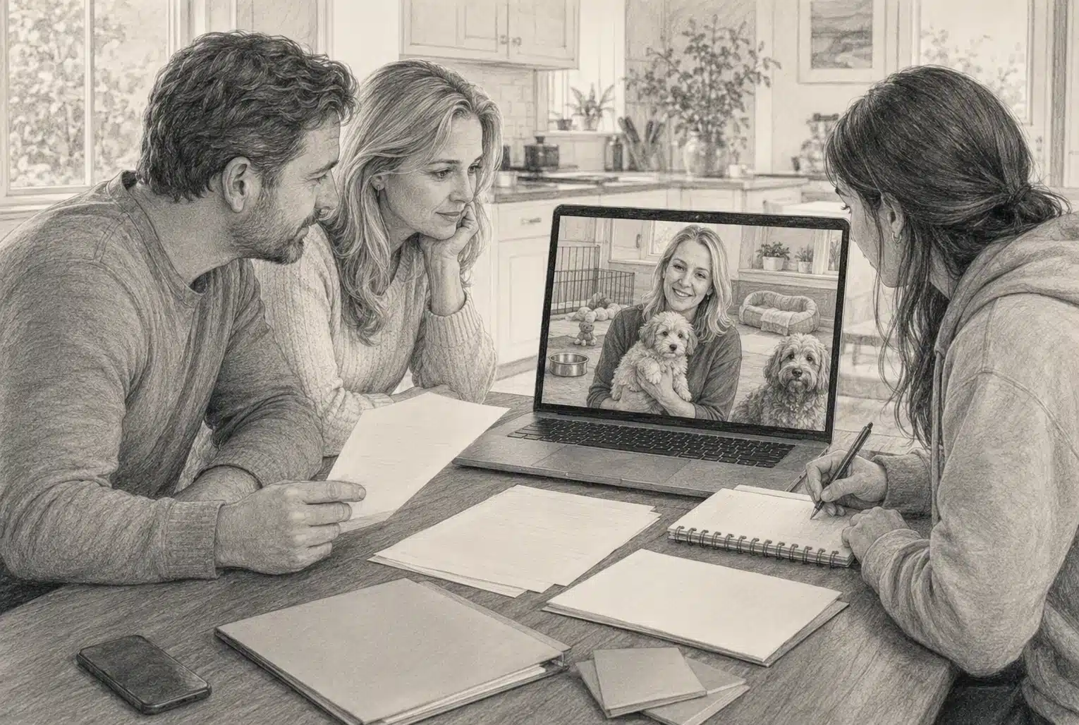 Family reviews health records during video call with Havapoo breeder