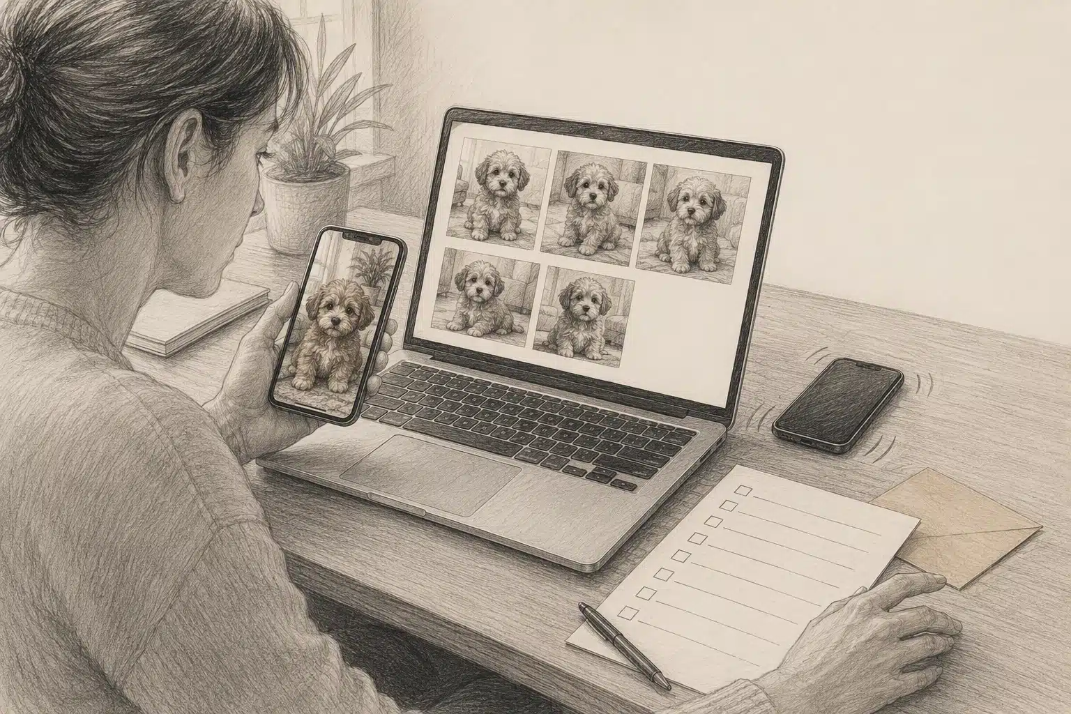 Buyer cross-checking puppy photos with seller contact details
