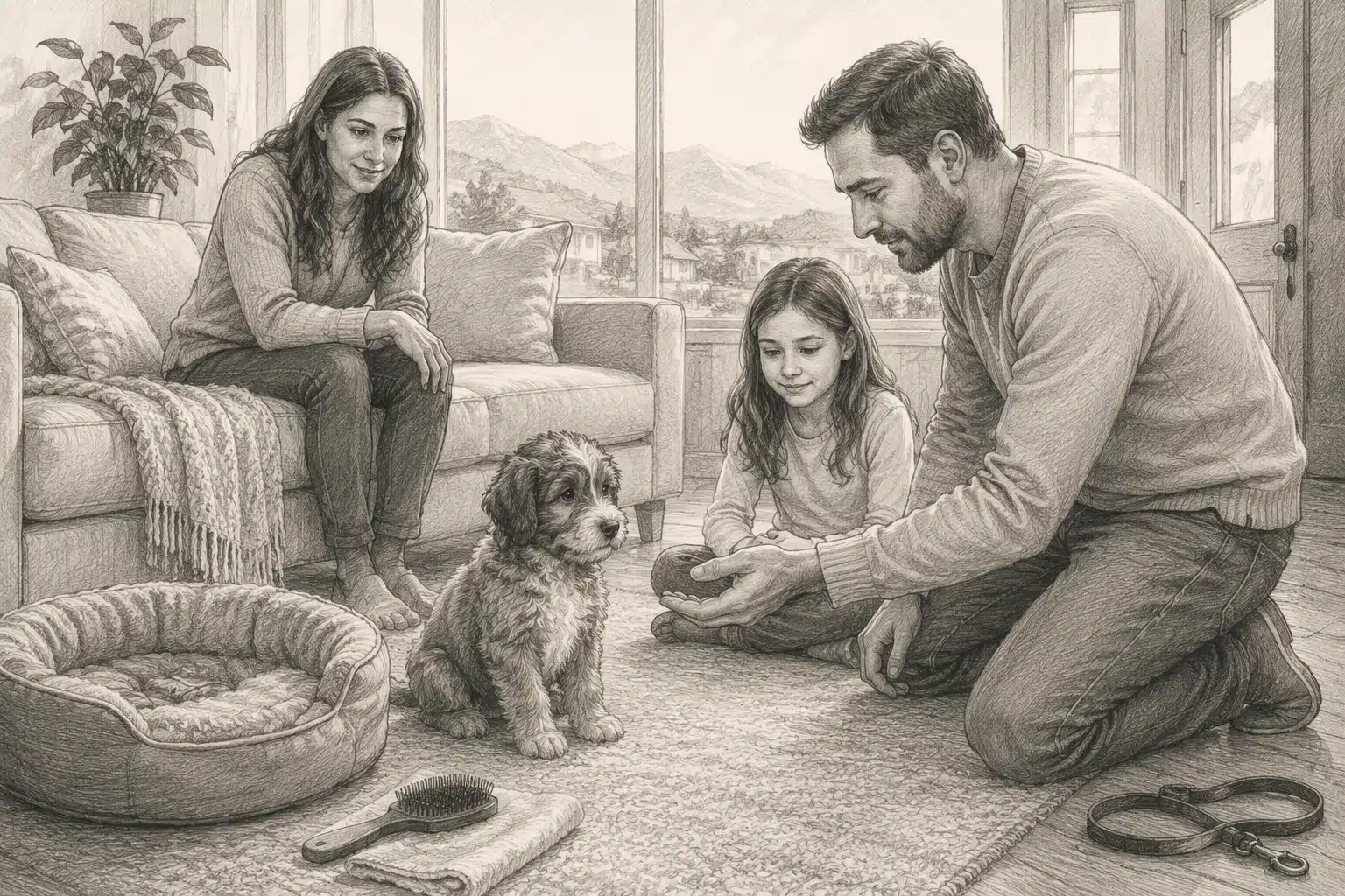 Family examines Havapoo puppy during home visit