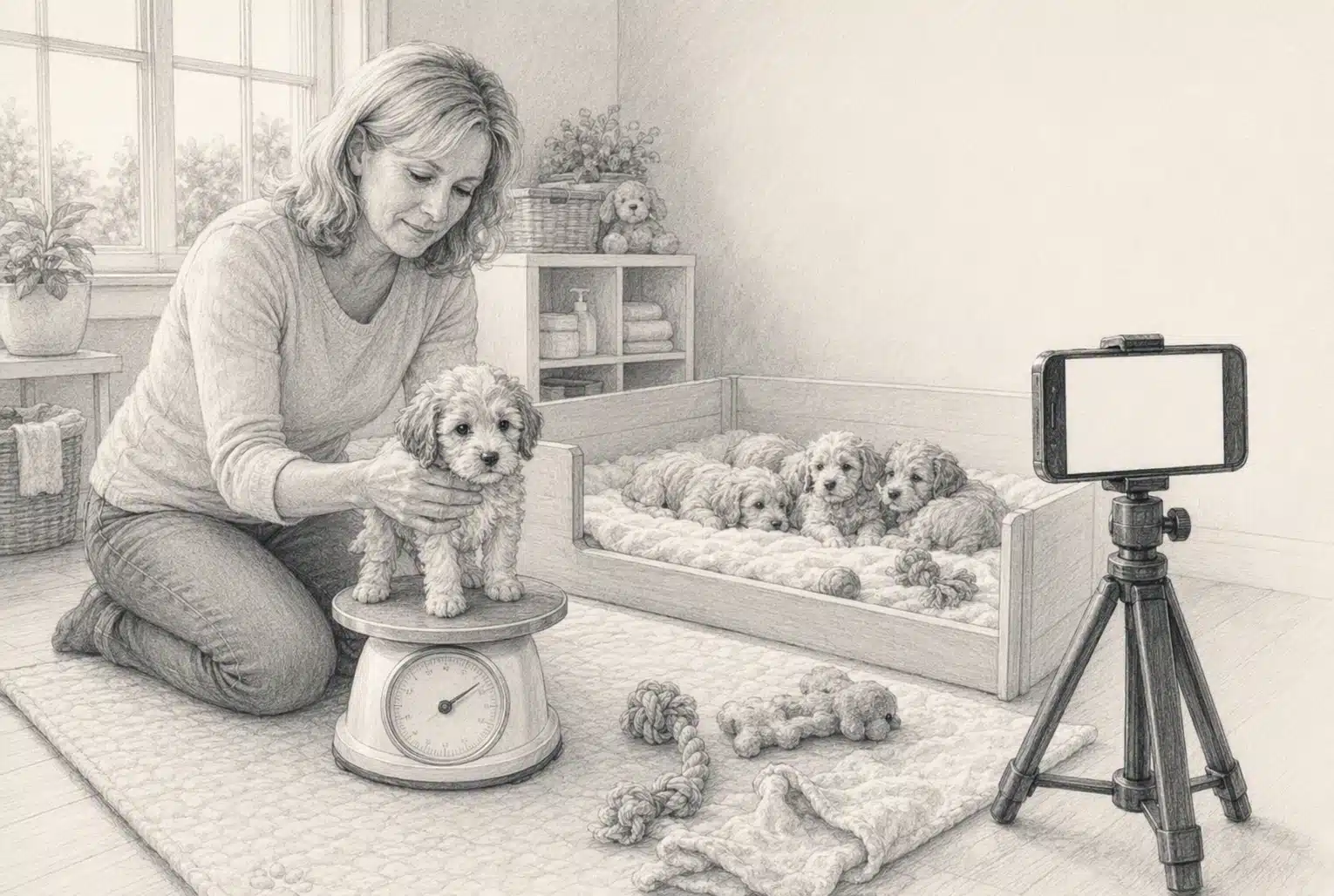 Breeder weighing Havapoo puppy with littermates in home nursery
