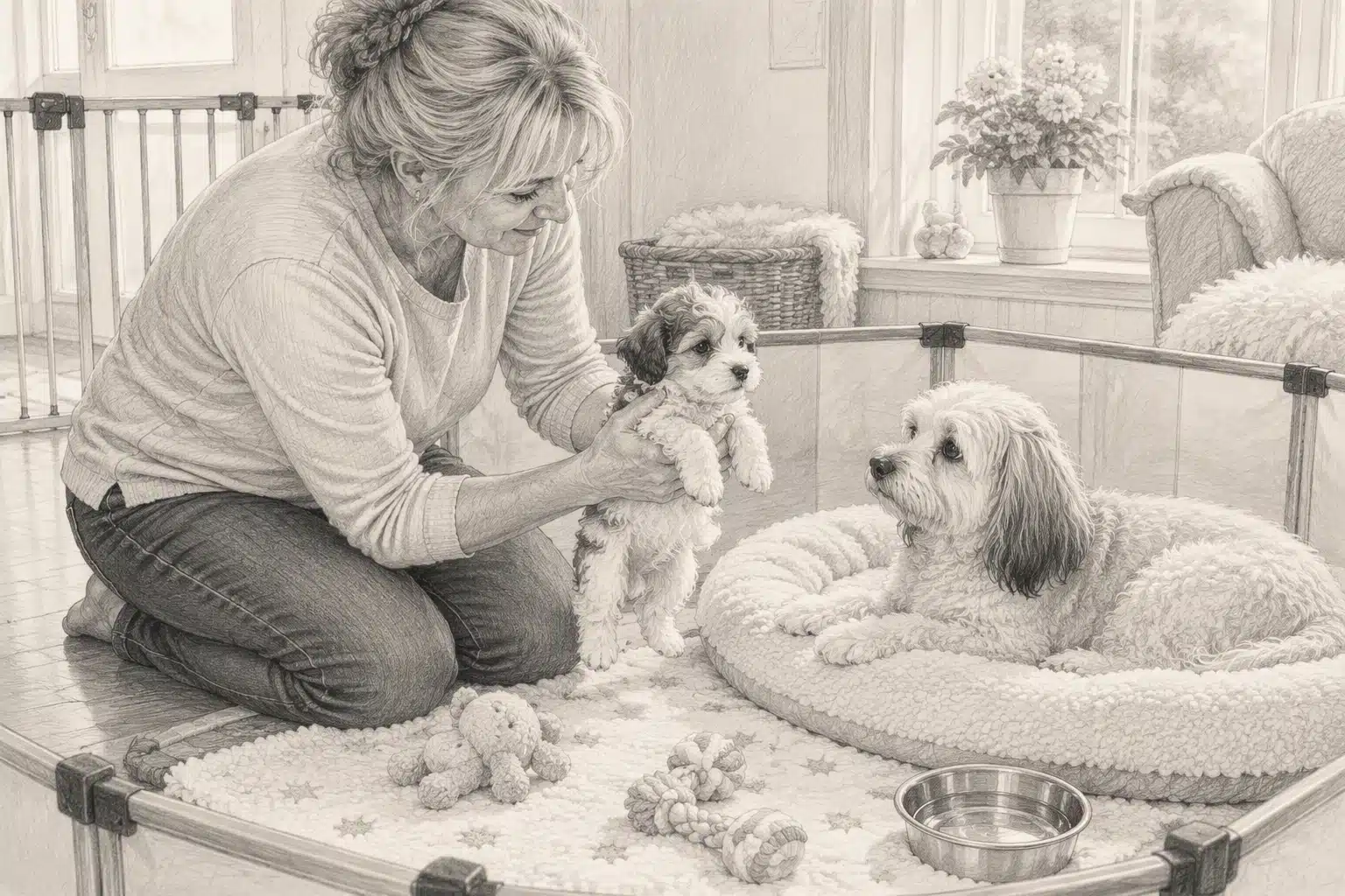 Gentle breeder nurtures Havapoo puppy beside mother in home nursery