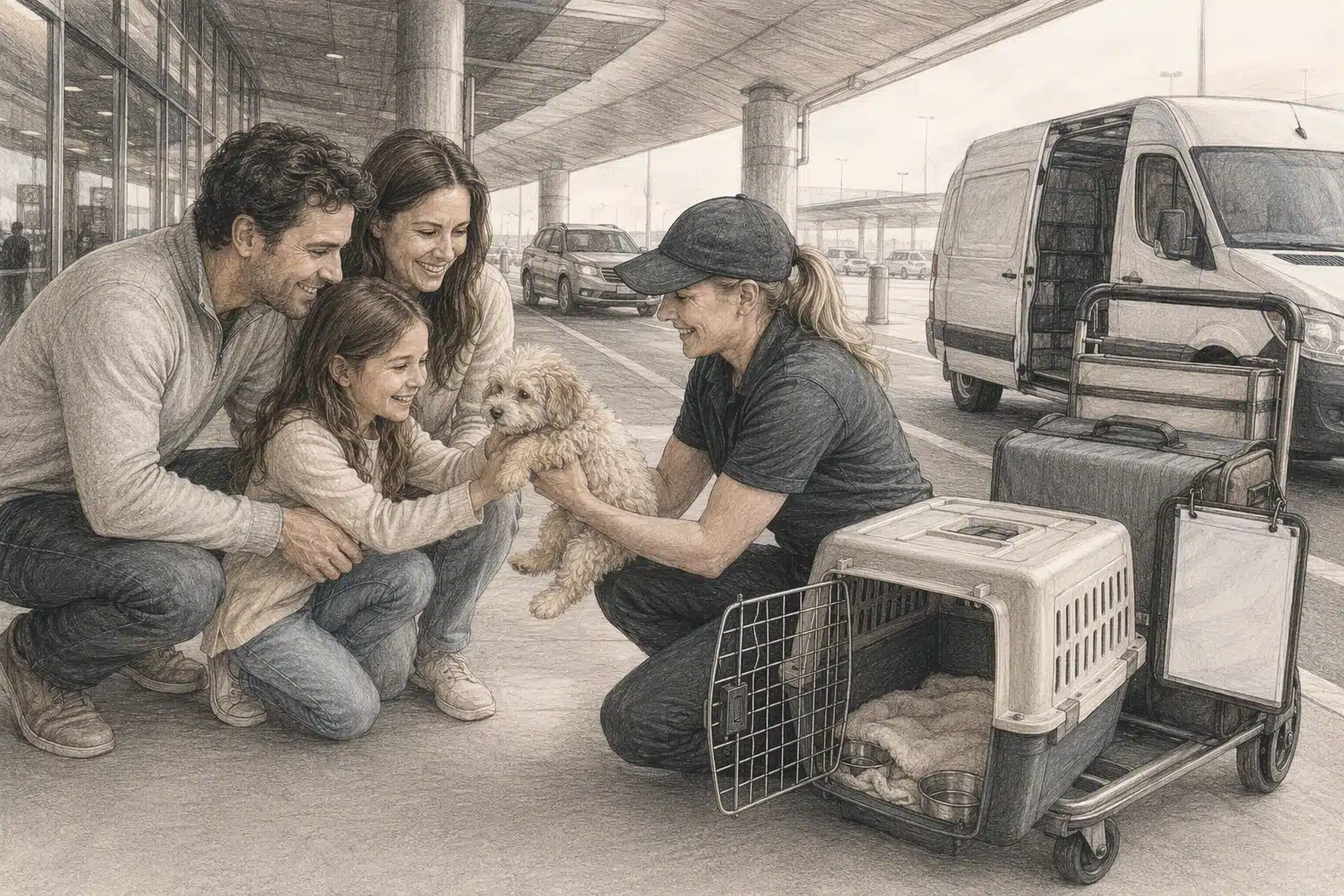 Family welcomes Havapoo at airport curb