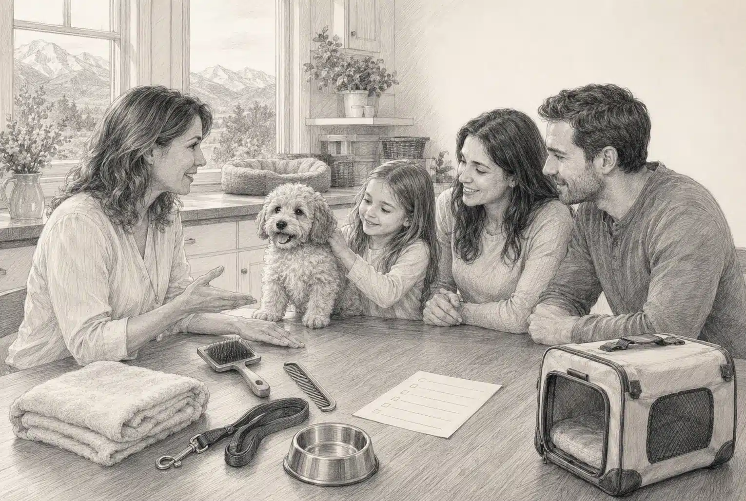 Family reviewing Havapoo care notes with breeder