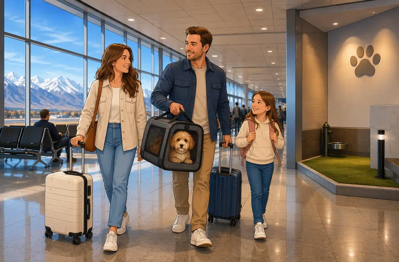 Family carrying Cavapoo through SLC airport terminal