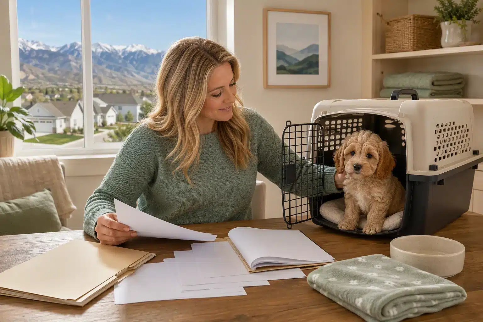 Breeder prepares travel documents with Cavapoo puppy