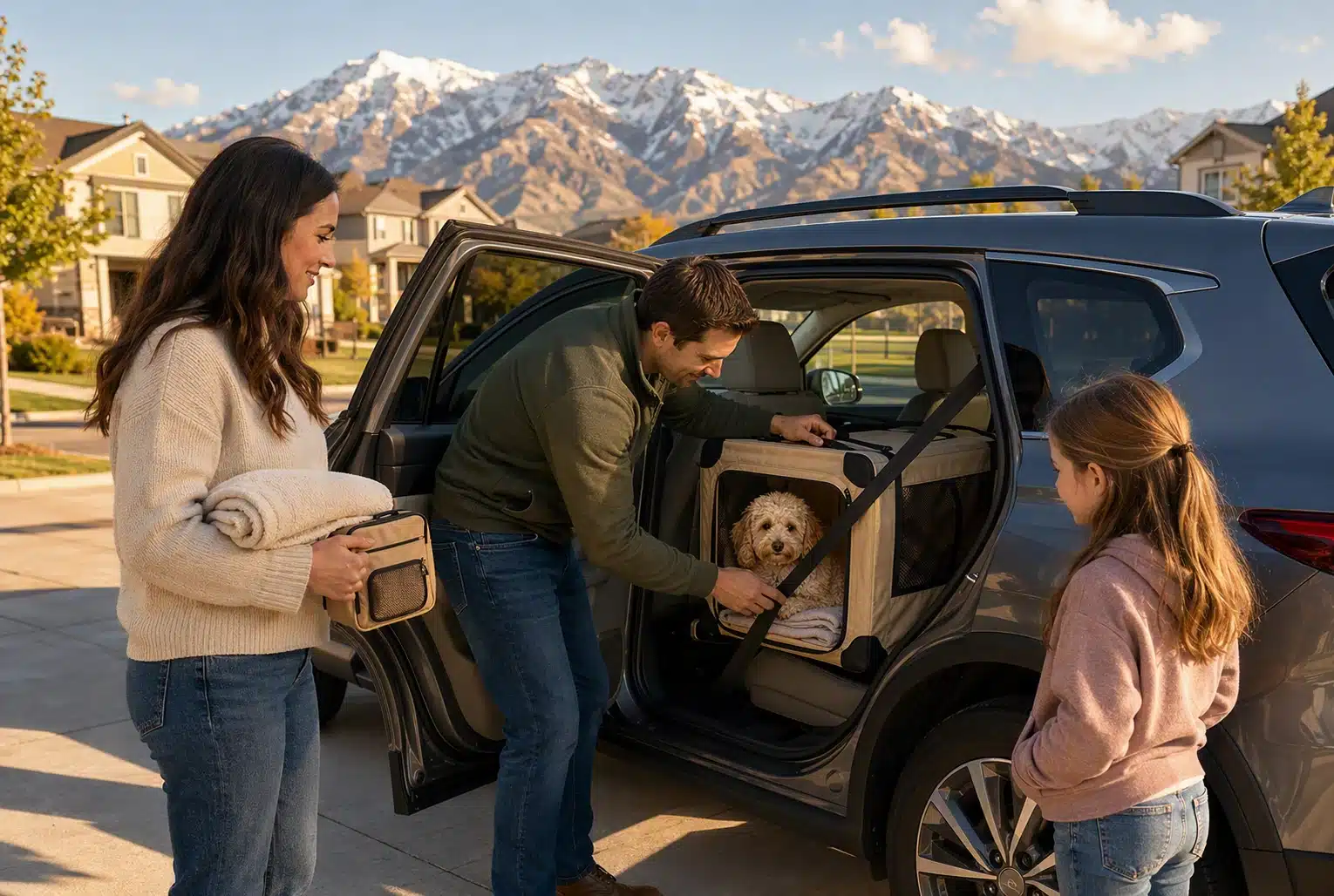 Family loading a Cavapoo puppy in a travel crate into an SUV for delivery to a Utah home, with mountains in the background.