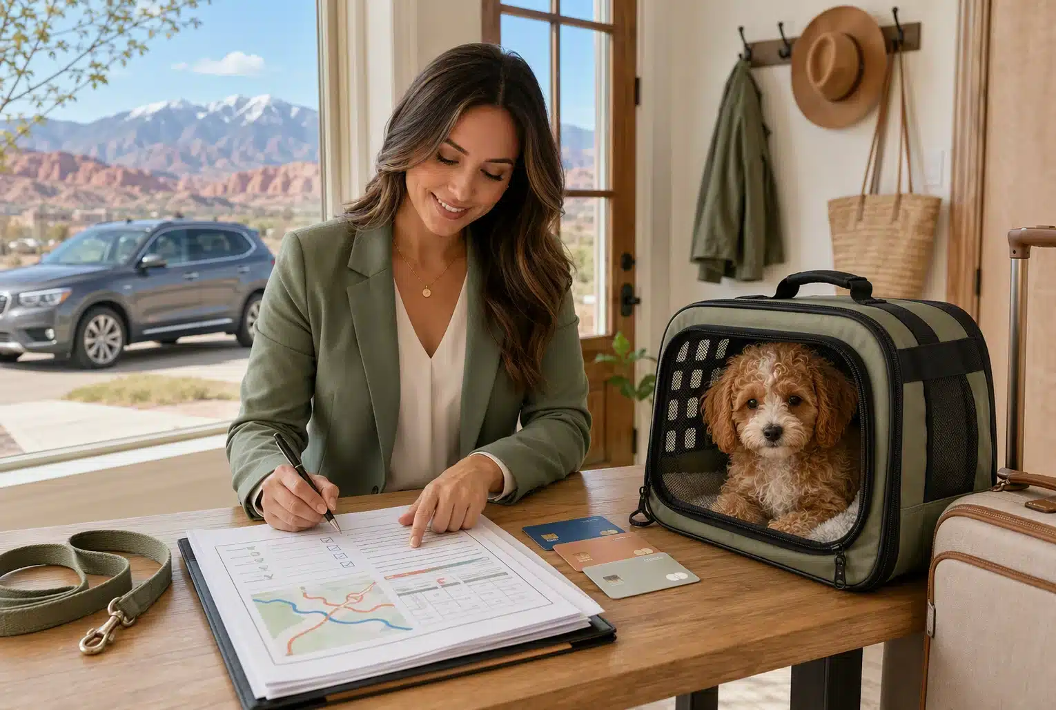 Travel coordinator reviews Cavapoo delivery paperwork beside ventilated carrier