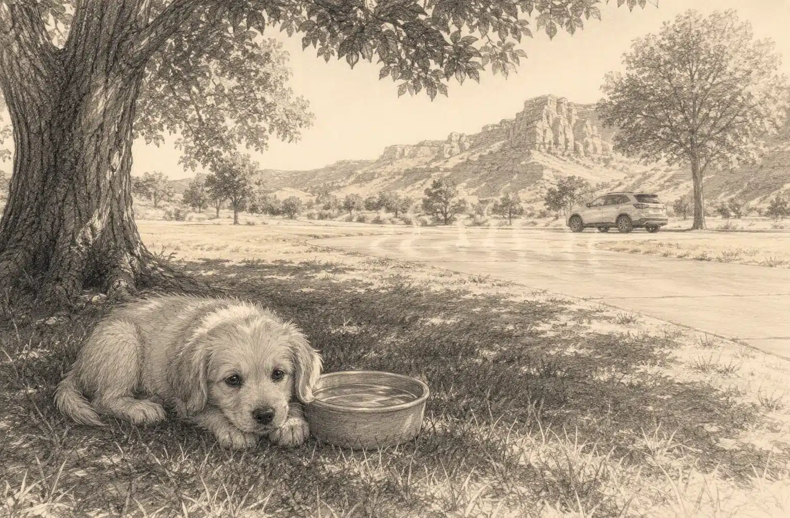 Puppy rests under shade beside water bowl in summer park