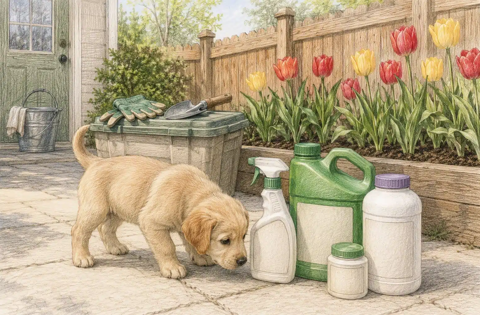 Puppy inspects sealed garden chemicals near tulips