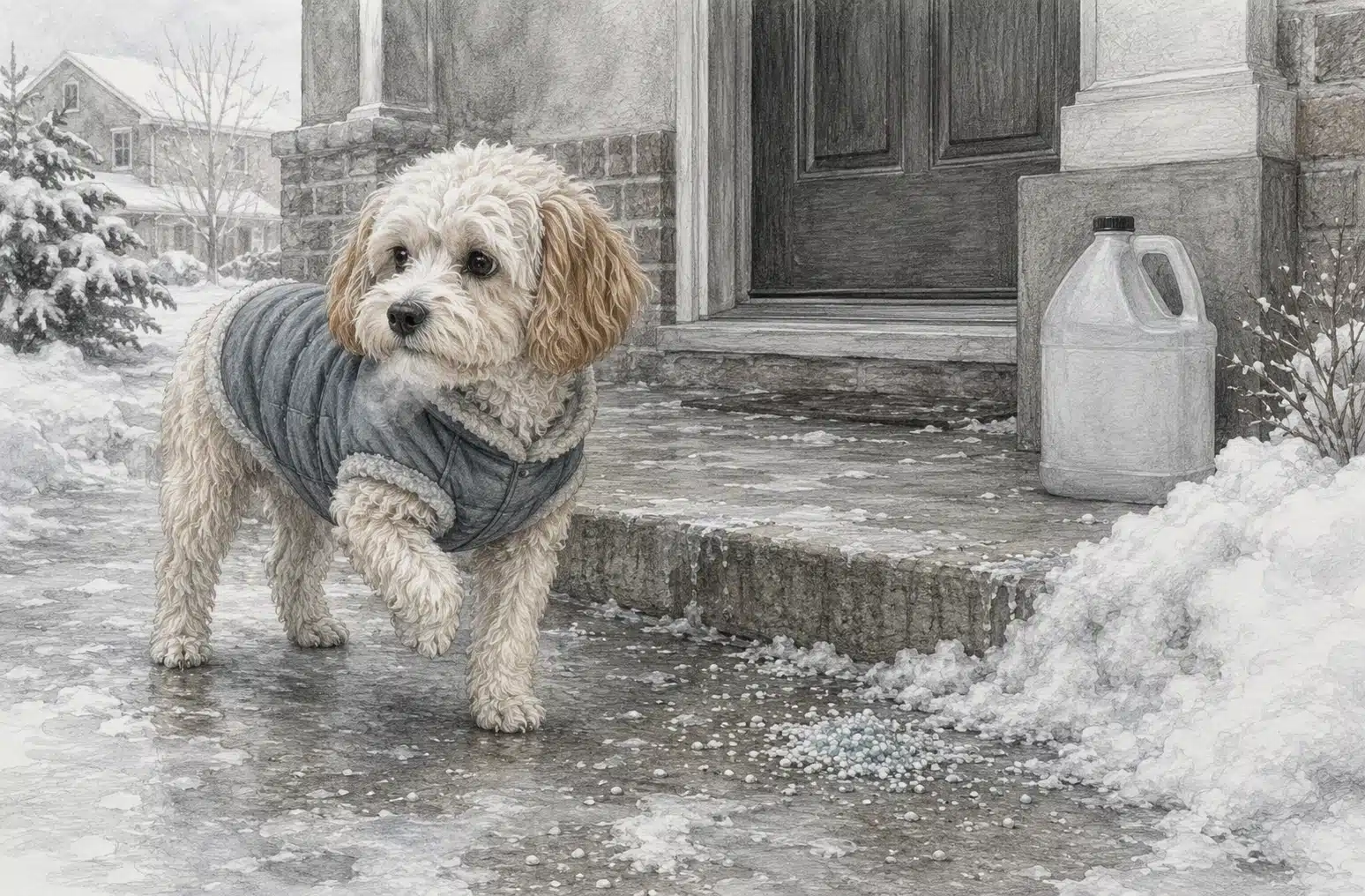 Puppy in winter coat by snowy doorstep