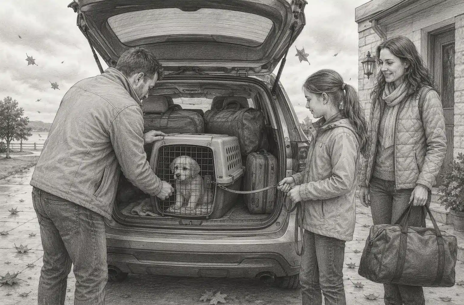 Family secures puppy in travel crate by car