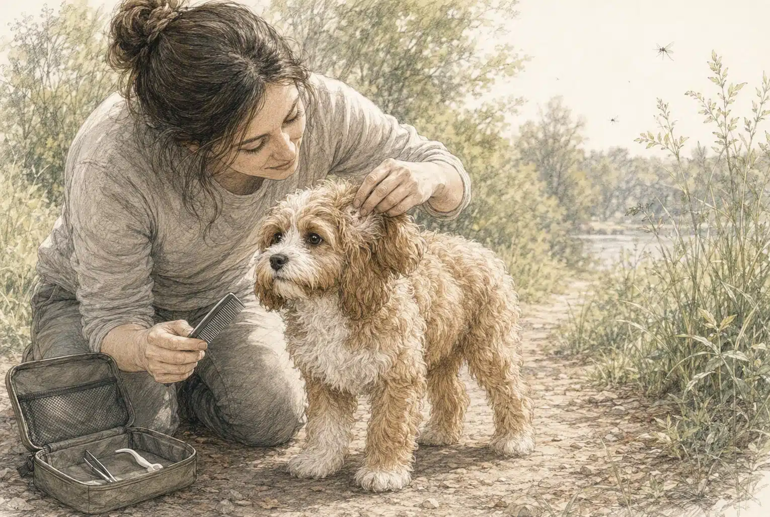Puppy examined for ticks after outdoor walk