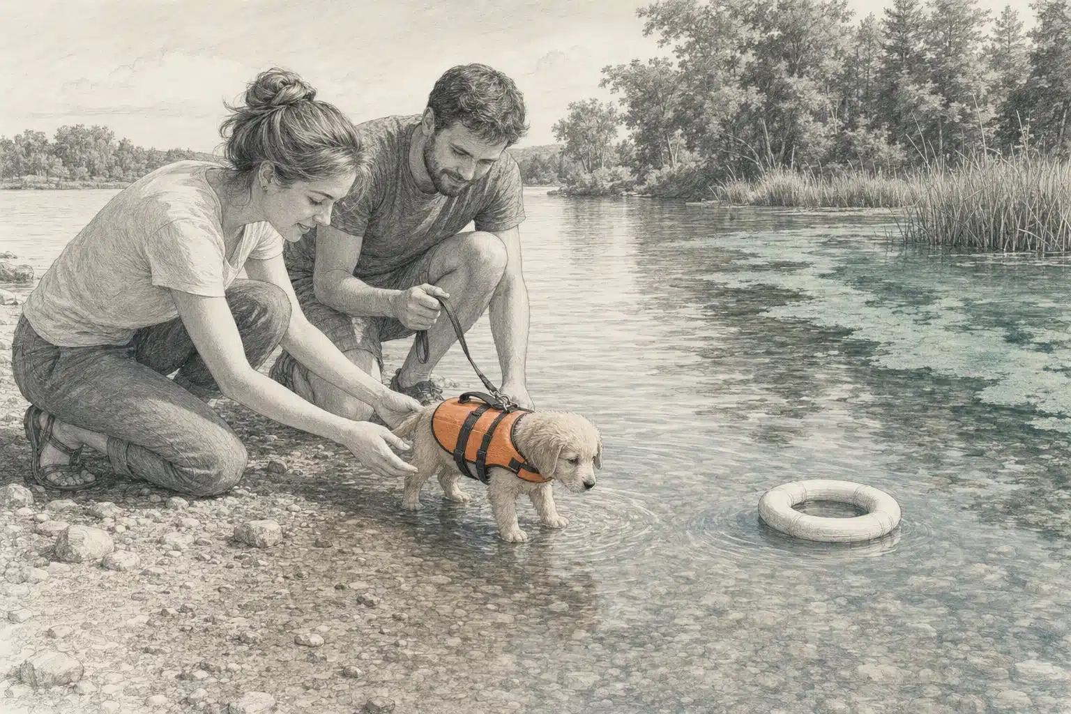 Family supervises puppy near water with life vest