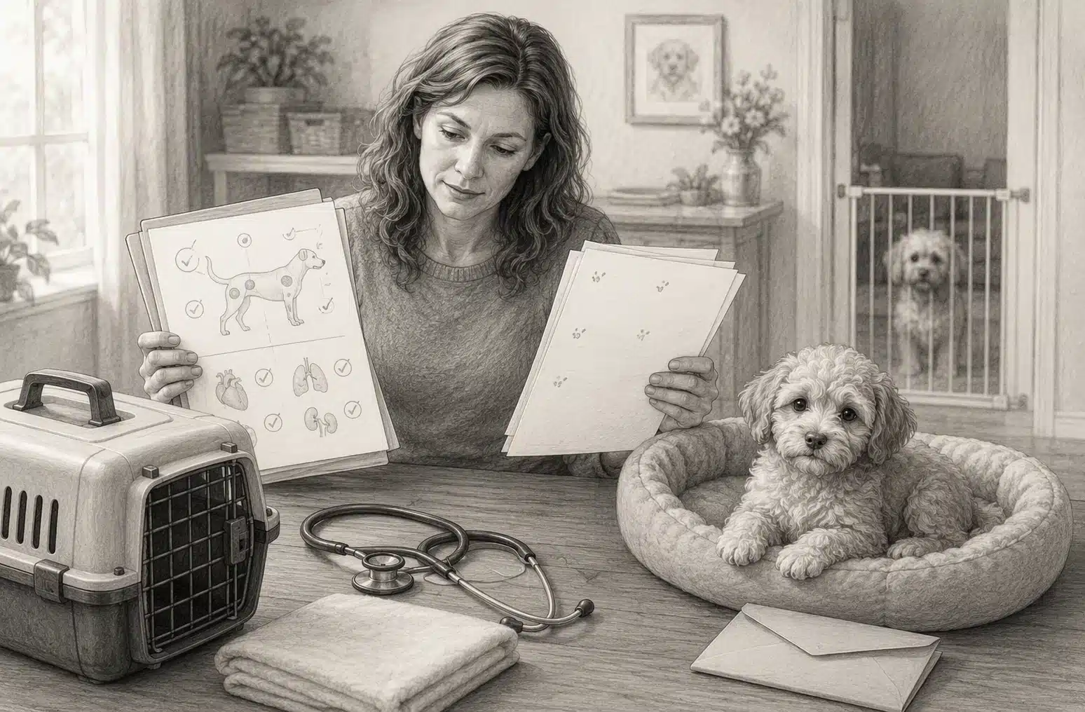 Breeder reviewing health records beside Havapoo puppy