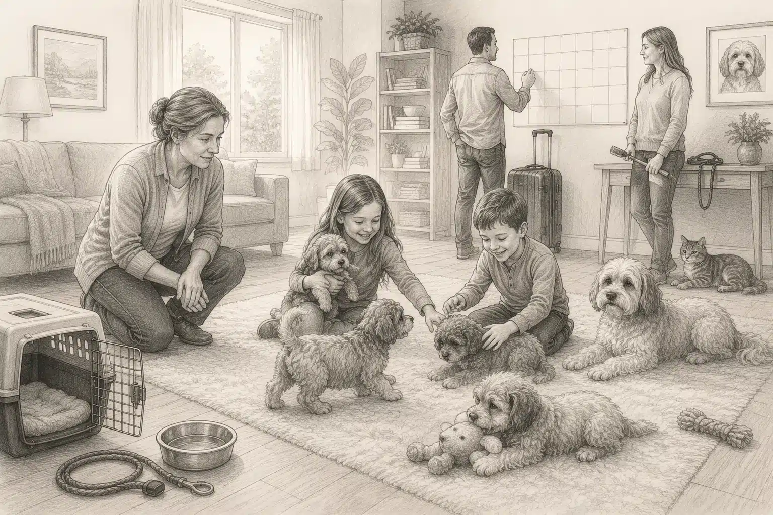 Family Havapoo breeder reviewing litter with children