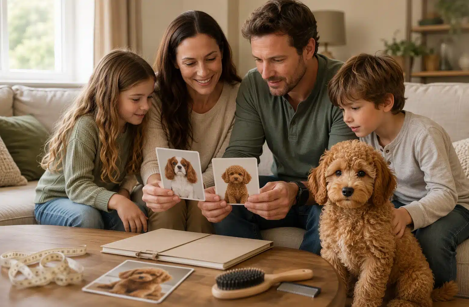 A happy family, including parents and two children, are looking at photos of Cavapoo puppies. A fluffy Cavapoo puppy sits in front of them, and a dog brush is on the table. This image relates to Cavapoo litters and waitlist options at Sage Puppies.