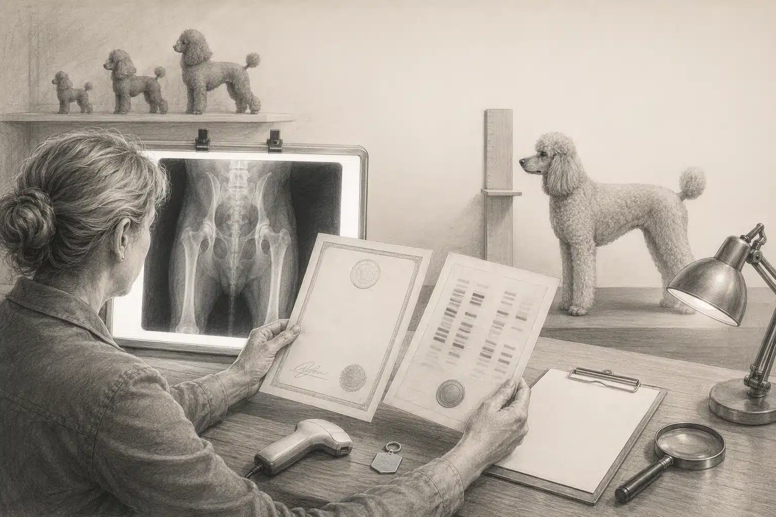 A veterinarian examines poodle health records and an x-ray of a dog's hips, with toy poodles on a shelf in the background. This image relates to comparing Cavapoo puppy health records from Utah breeders.