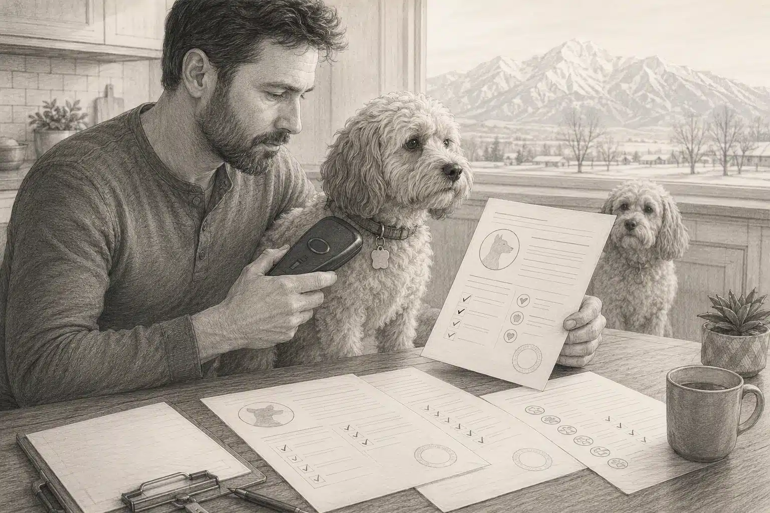 Comparing Cavapoo parent records at kitchen table