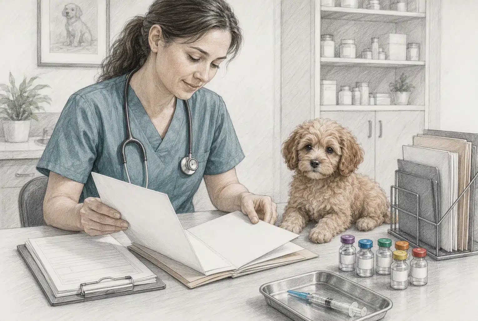 Veterinarian reviewing Cavapoo vaccine records beside labeled vials