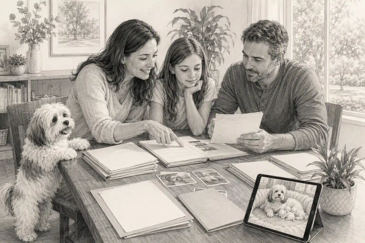 Reviewing breeder records with a Havanese puppy at home