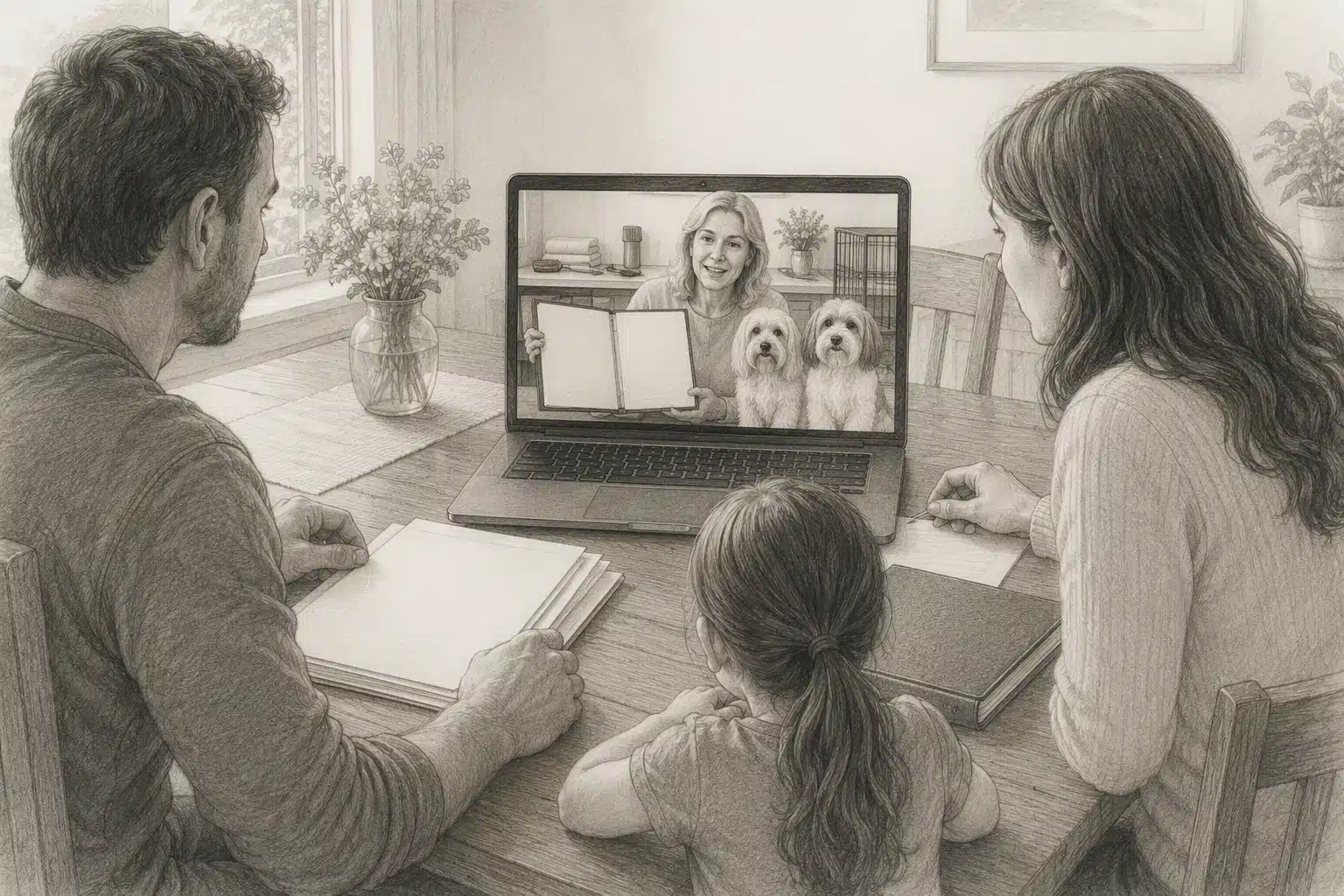 Prospective family reviews health records with breeder via video call