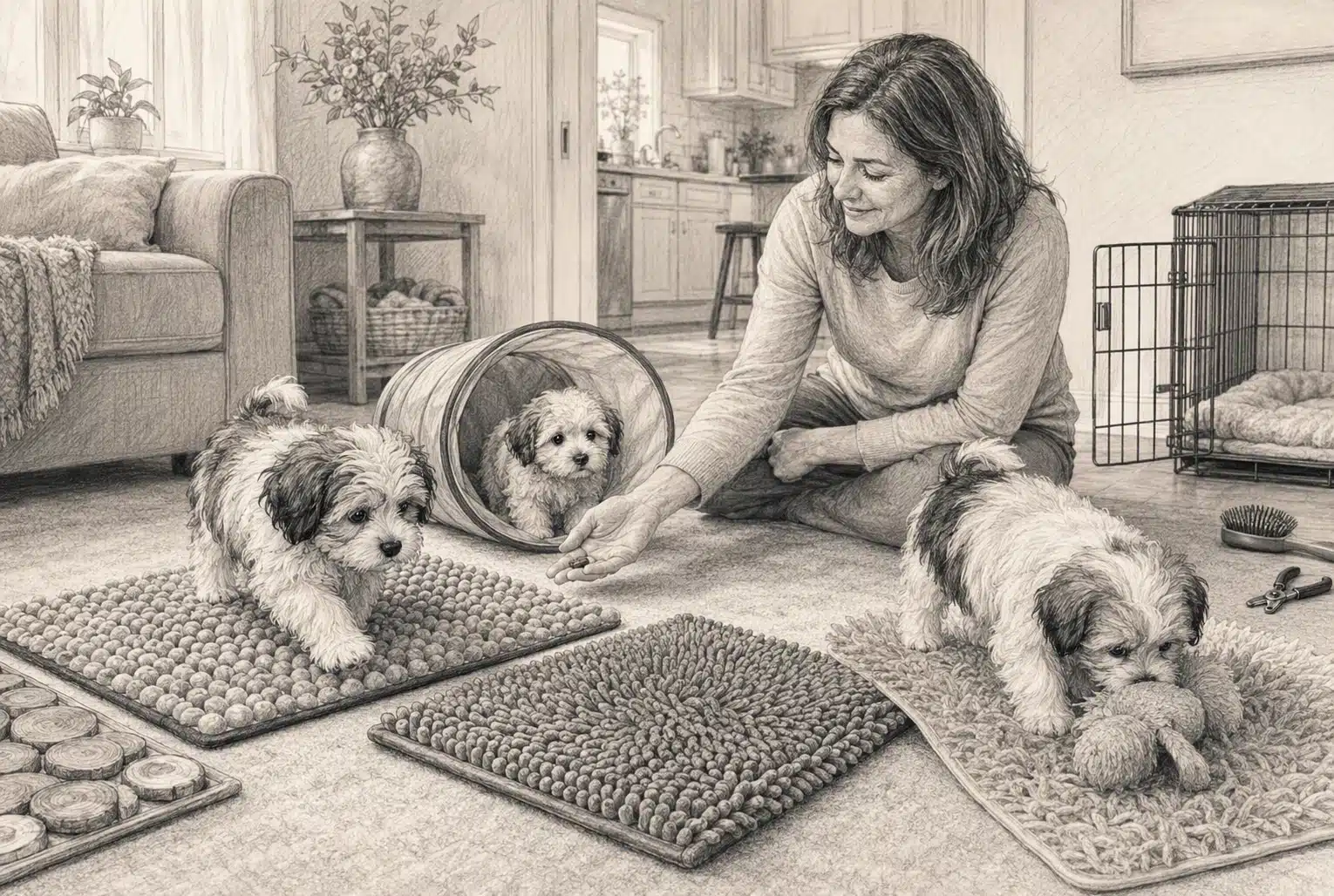 Havanese puppies navigating tunnels and textured mats in a home setting