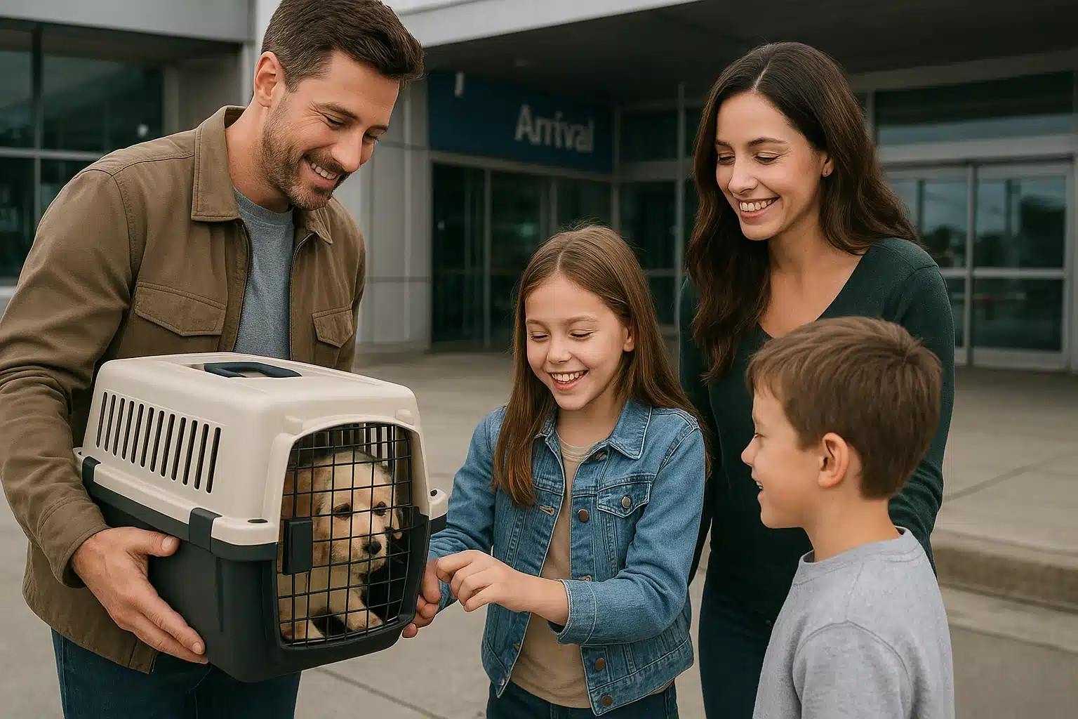 Family unpacks puppy carrier at Iowa airport