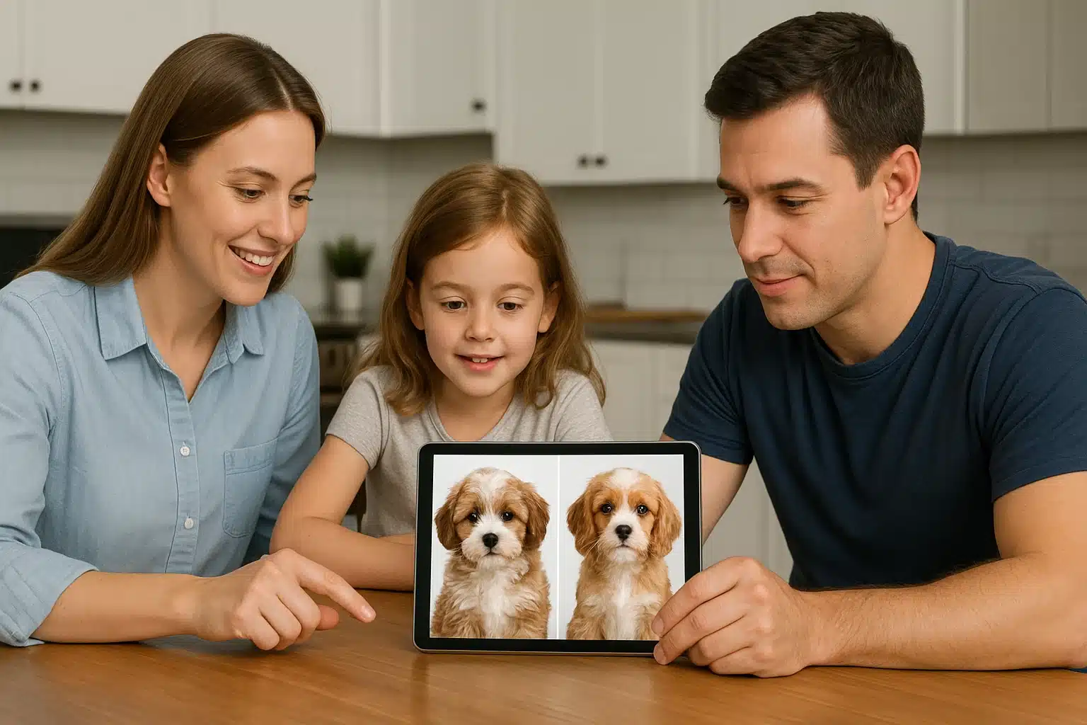 Family compares puppy health records at kitchen table